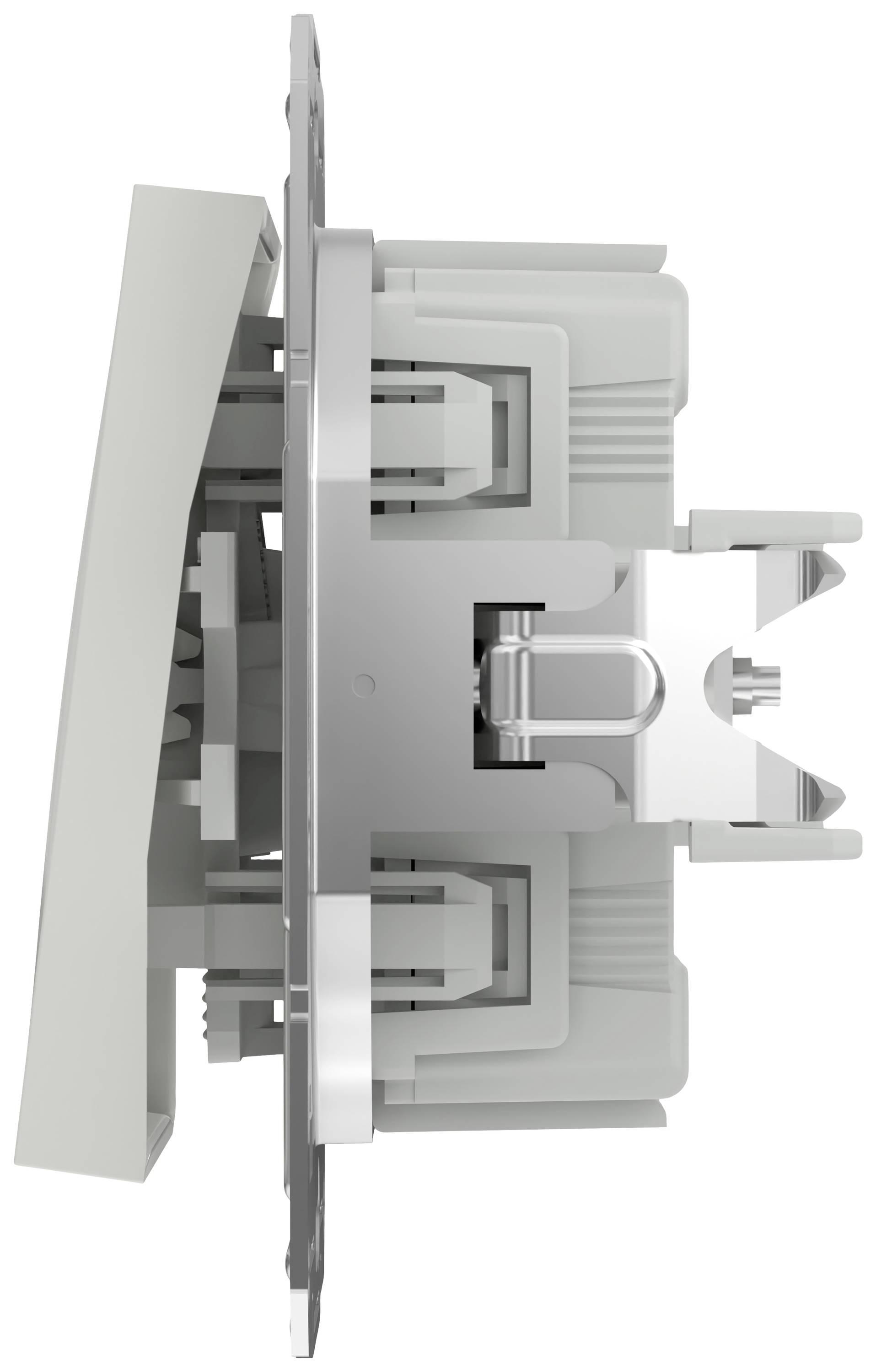 Schalter von der Seite gezeigt, mit sichtbarer Mechanik und Befestigungselementen; struktureller Aufbau eines Lichtschalters.