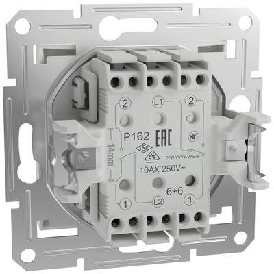 Ein weißer, rechteckiger elektrischer Schalter mit mehreren Anschlussklemmen und technischer Beschriftung wie '10 AX 250V' und 'EAC'.