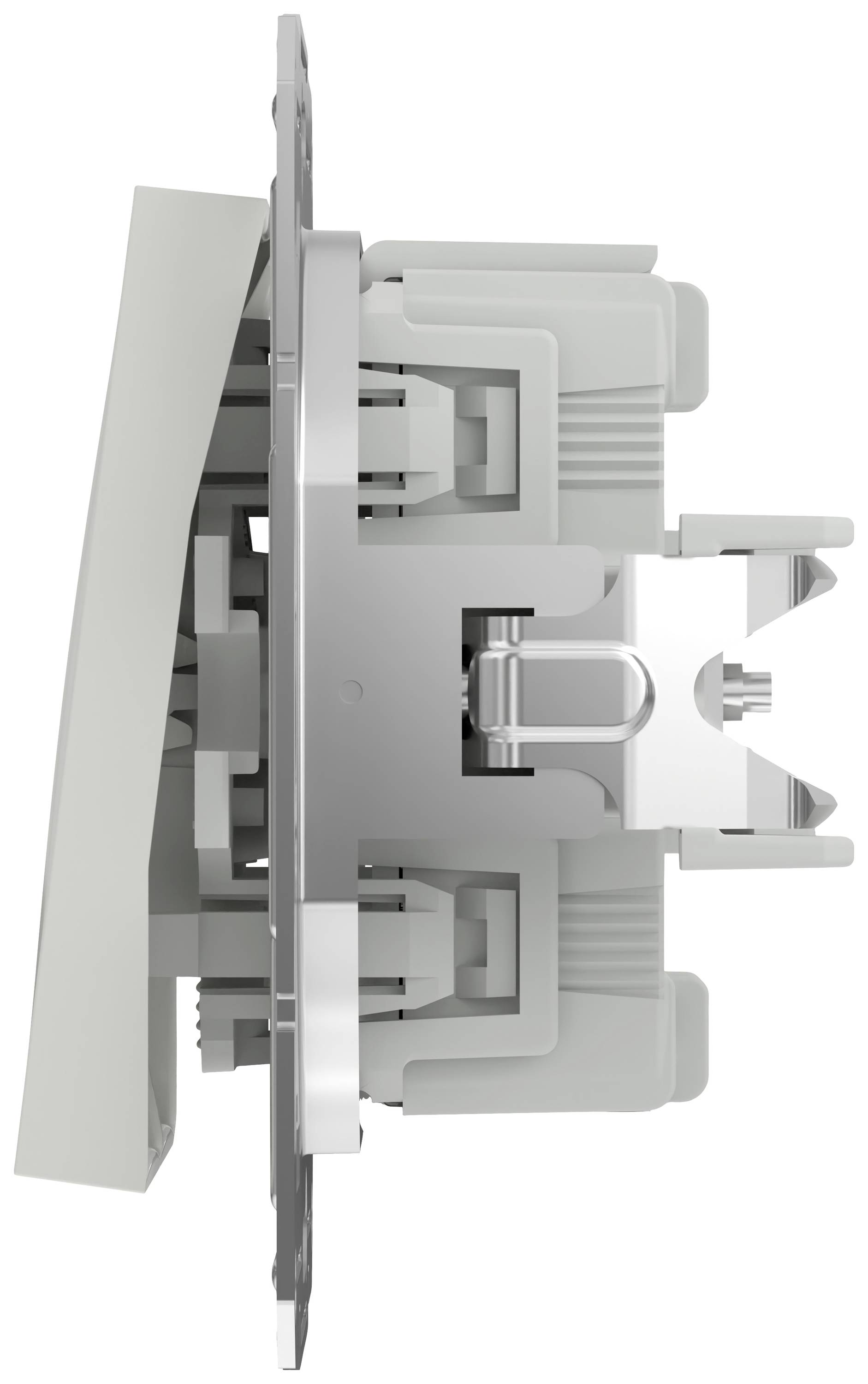 Seitliche Ansicht eines elektrischen Schalters mit silberner und grauer Halterung; zeigt die Schaltermechanik und Befestigungselemente.