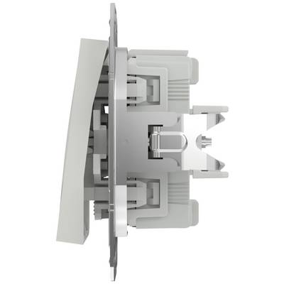 Seitliche Ansicht eines elektrischen Schalters mit silberner und grauer Halterung; zeigt die Schaltermechanik und Befestigungselemente.