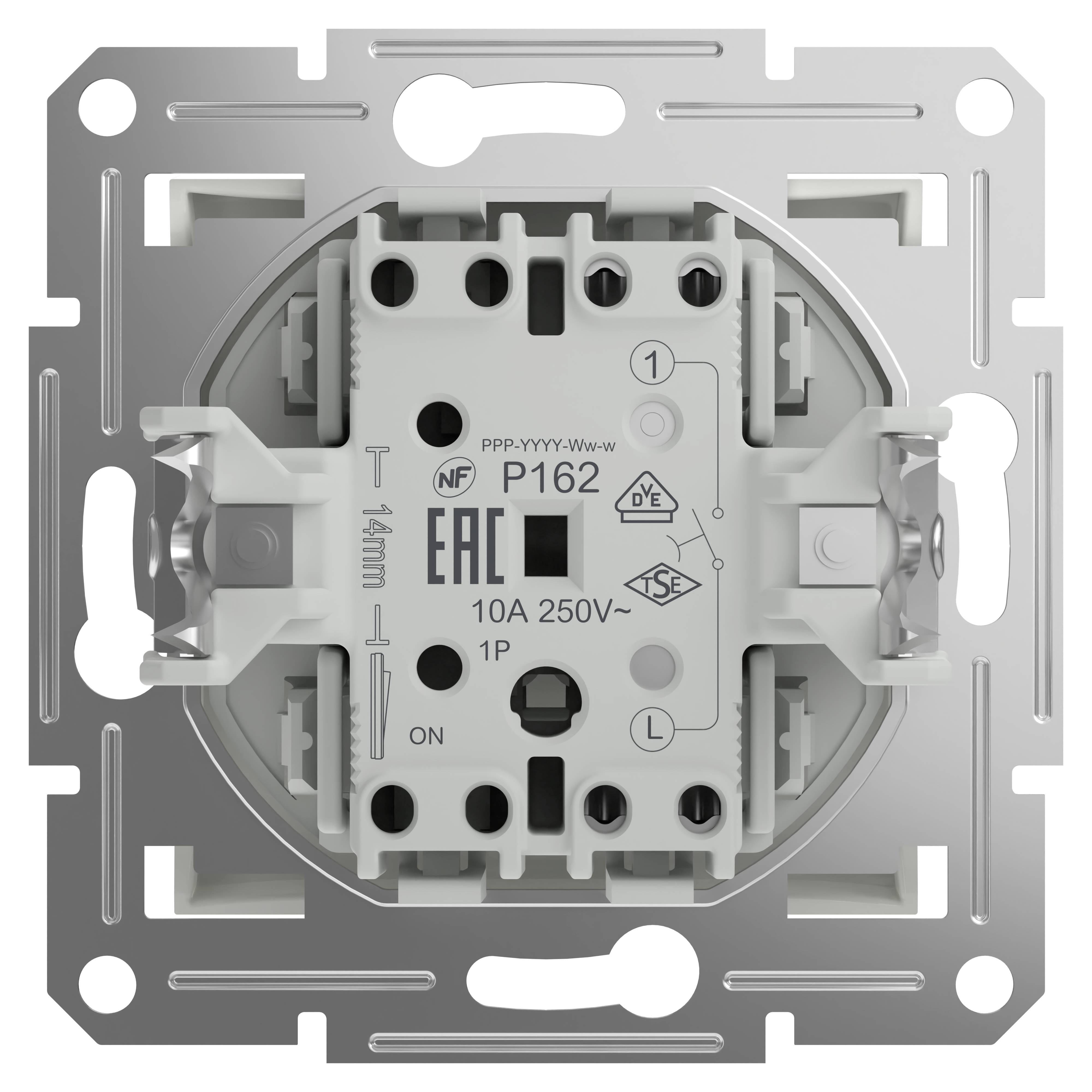 'Detailaufnahme eines Lichtschaltermoduls in Silber und Weiß. Zeigt die Modellnummer P162 und verschiedene Symbole auf der Vorderseite.'
