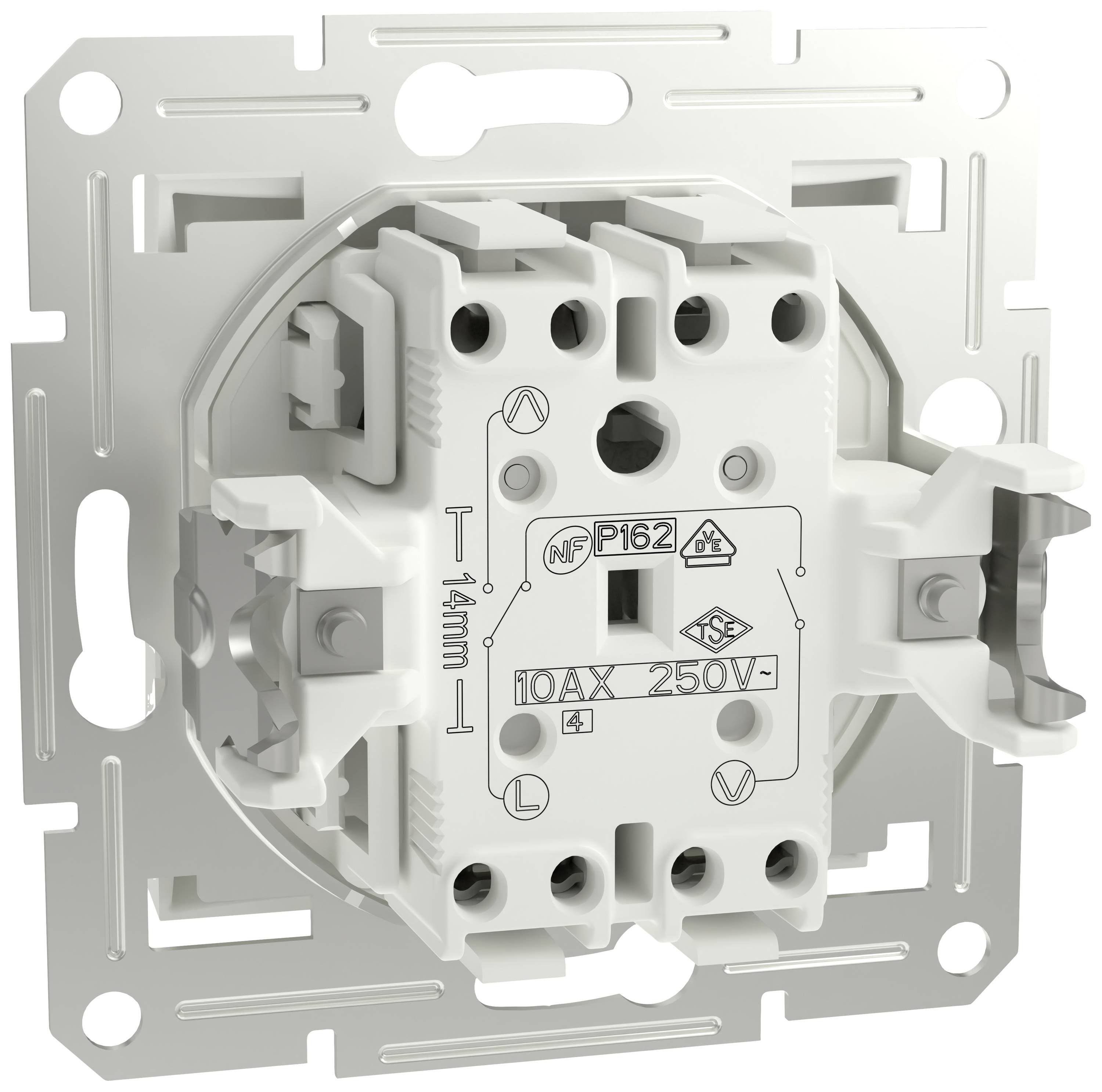 Ein weißer Lichtschalter mit Kodierungen und Markenaufschrift '10 AX 250 V'. Der Schalter ist für den Wandeinbau vorbereitet.