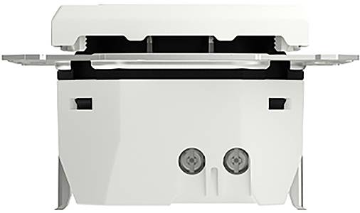 Ein weißer, rechteckiger elektrischer Schalter, Frontansicht, mit zwei Befestigungspunkten unten, geeignet zur Wandmontage.