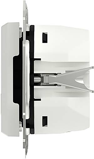 Ein weißer Wippenwechselschalter, Seitenansicht, zeigt die interne Mechanik und Befestigungselemente an einer Metallplatte.