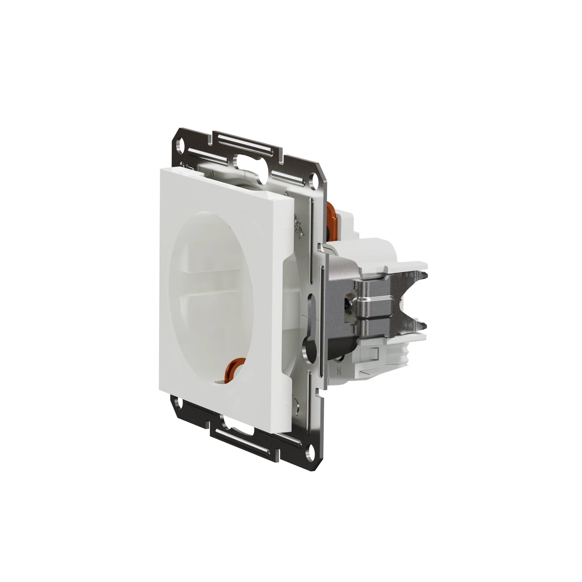 Weißer elektrischer Wandsteckdosen-Einsatz, teilweise sichtbar, mit Metallrahmen und Kunststoffgehäuse, in seitlicher Perspektive.