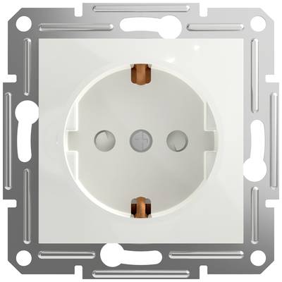 Eine weiße Steckdose, eingebettet in eine rechteckige Metallplatte, zeigt die Frontansicht mit zwei runden Löchern und einem Erdungsstift.