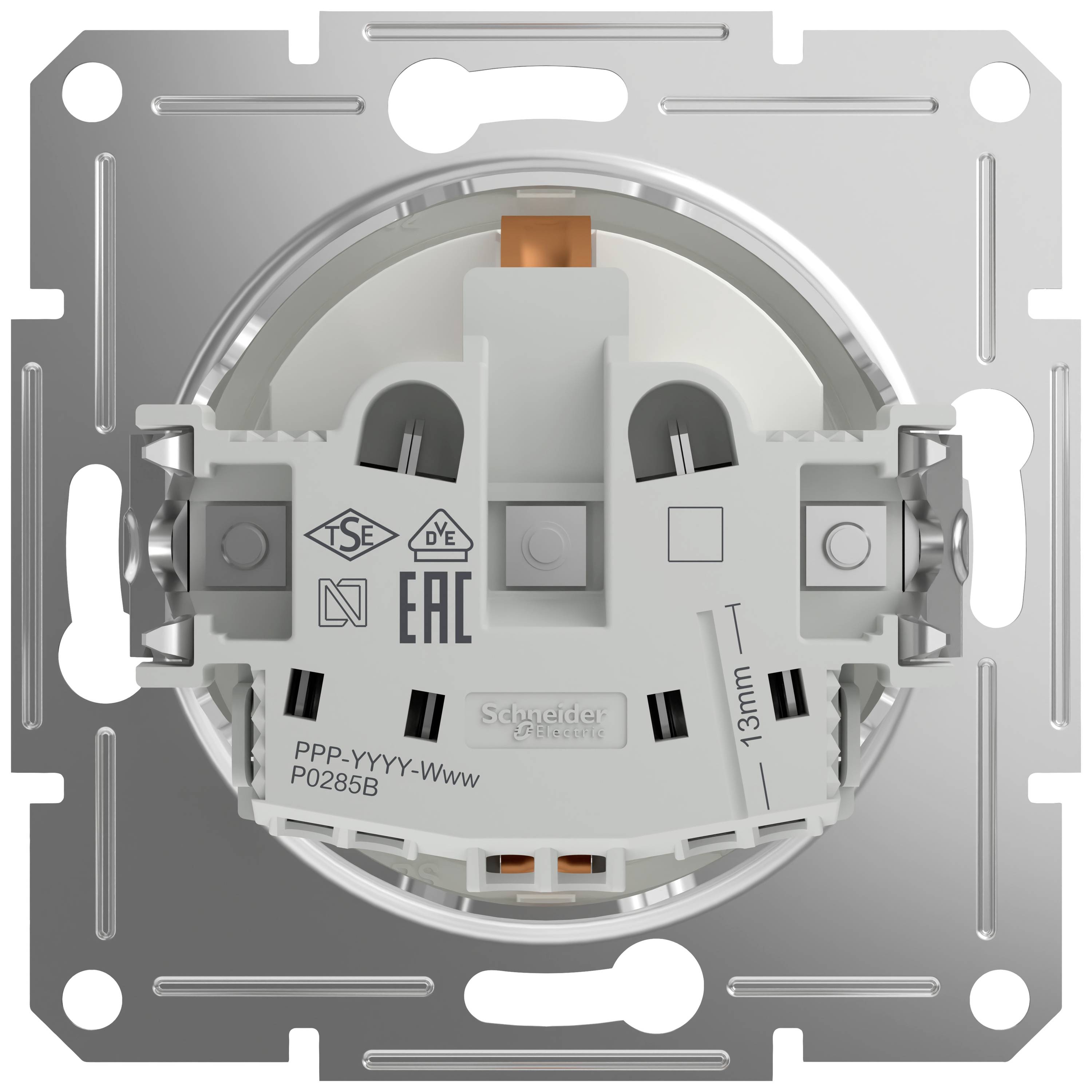 'Rückseite eines Schalters mit mehreren Zertifizierungskennzeichen und Markierungen, einschließlich der Marke für 3 mm Schrauben.'