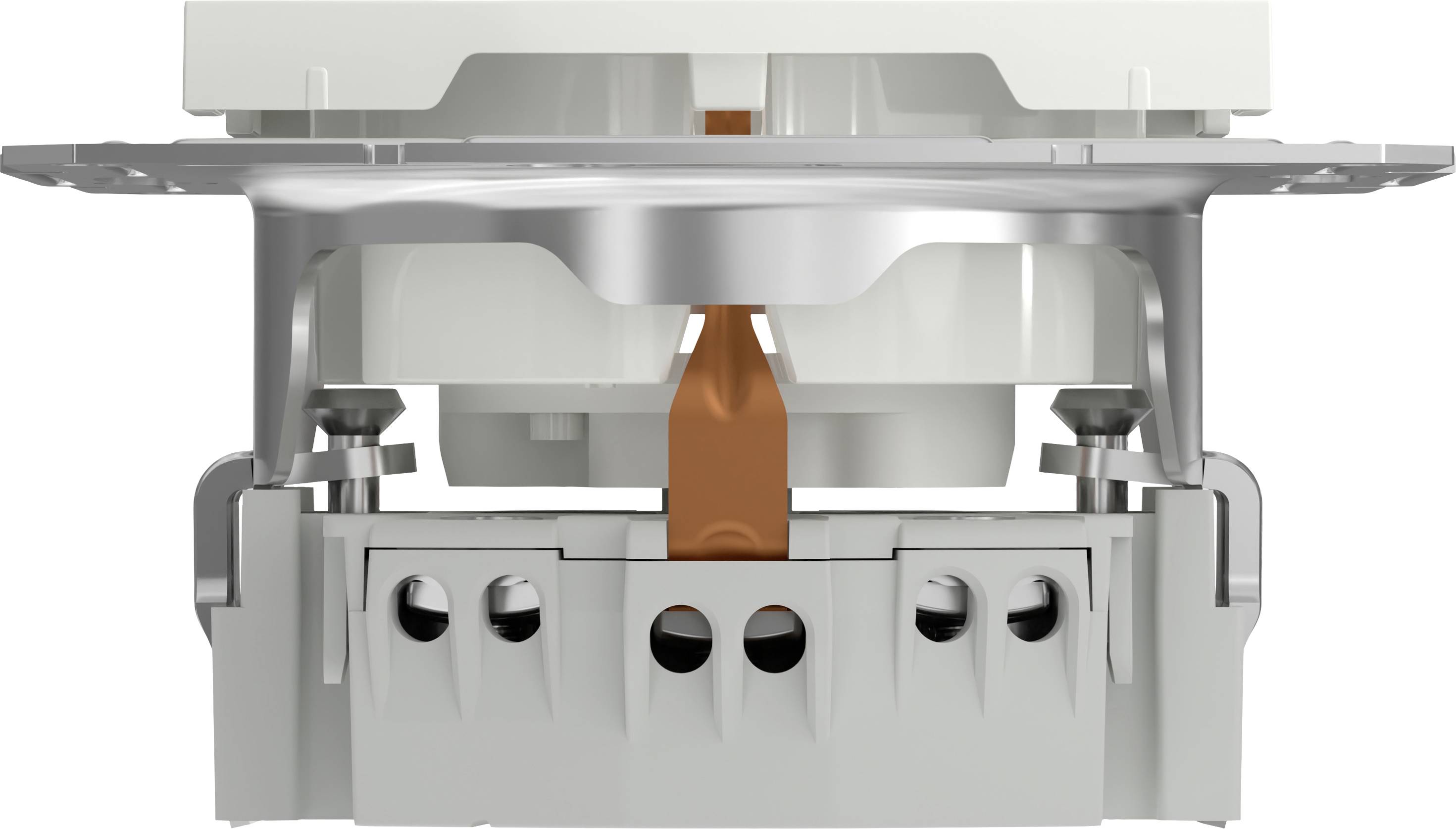 Querschnitt eines elektrischen Schalters mit sichtbareren internen Komponenten, einschließlich Verkabelungsanschlüsse und mechanische Teile.