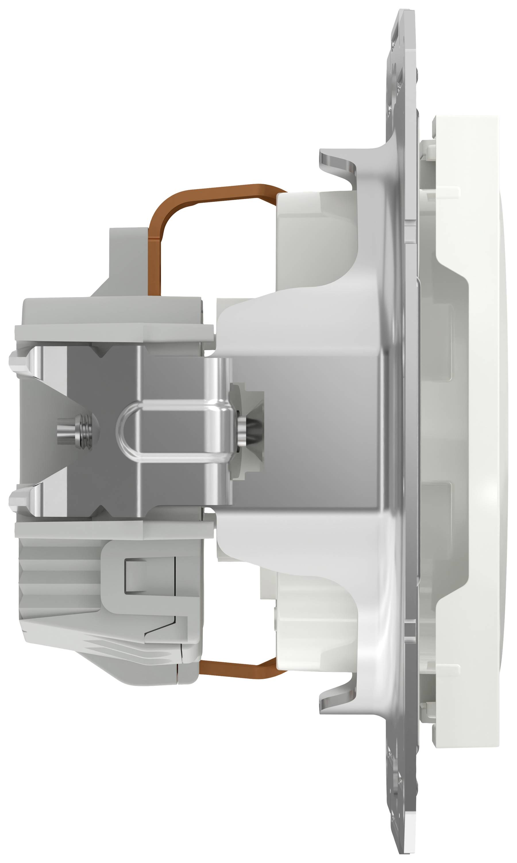 Seitenansicht eines Lautsprechers mit technischen Komponenten und Metallrahmen, zeigt Details der Bauweise und Anschlüsse.
