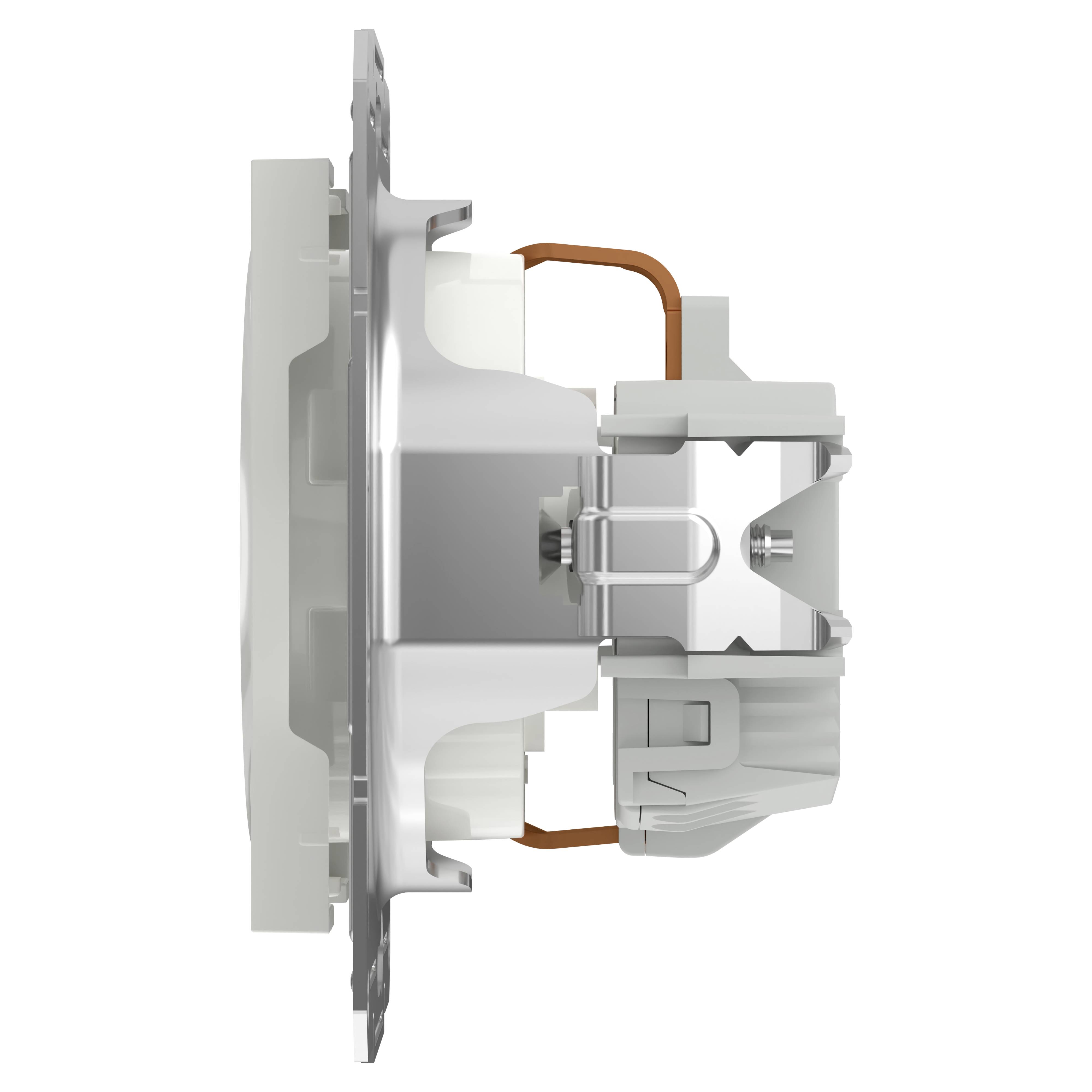 Ein Metallteil mit elektrischem Anschluss, seitliche Ansicht. Möglicherweise ein elektrischer Schalter oder eine Steckdose für technische Anwendungen.