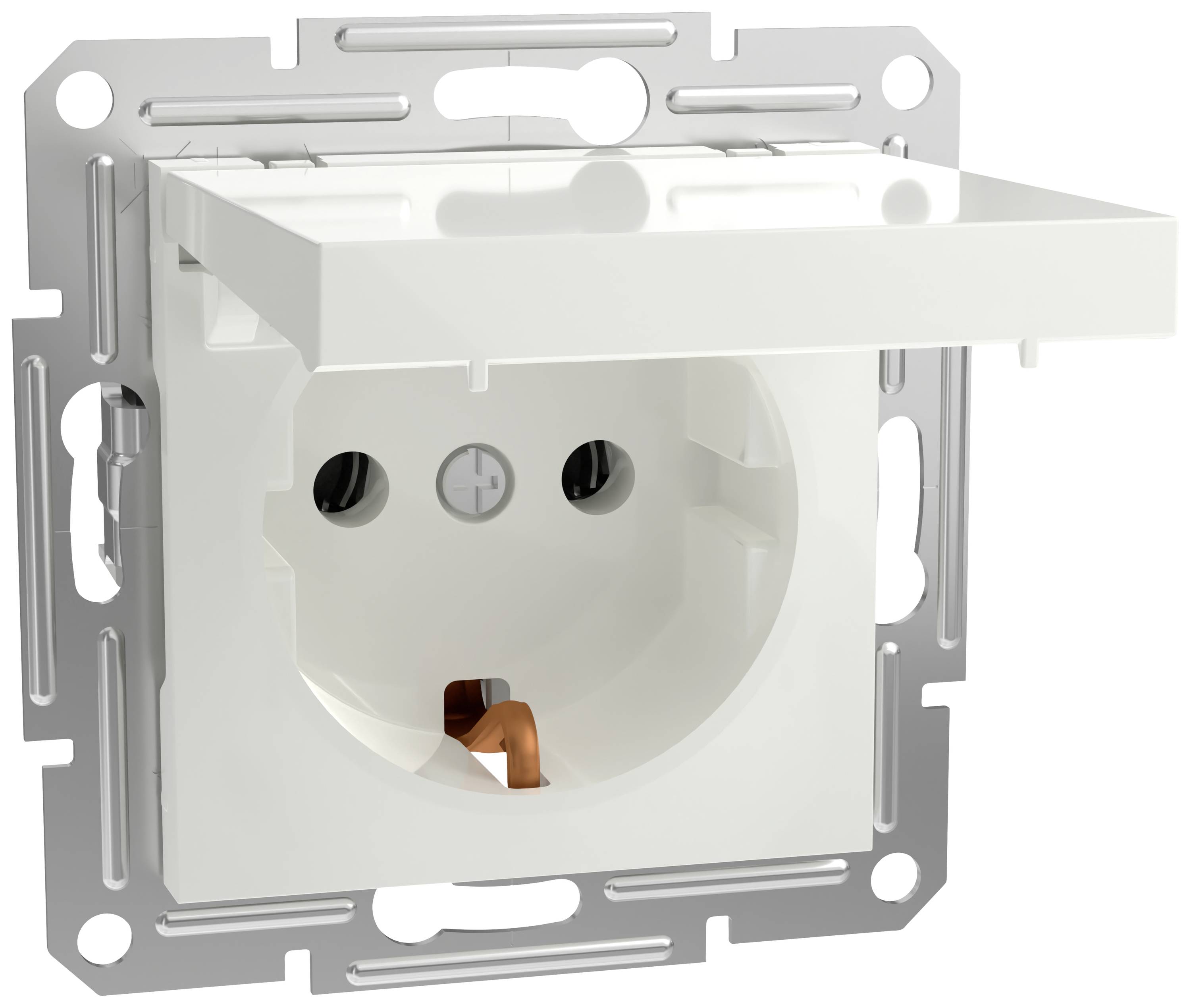 Eine weiße Steckdose mit Klappdeckel, eingebaut in eine Metallhalterung. Der Deckel ist teilweise geöffnet.