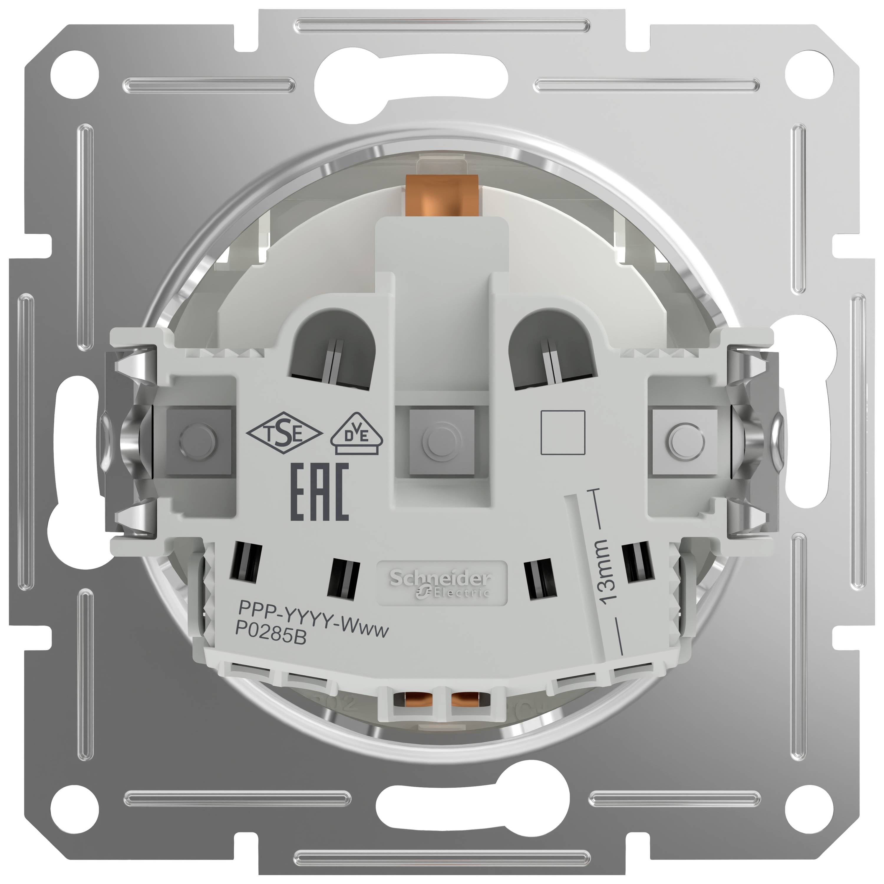 Silberschalterrahmen mit mehreren Zertifizierungszeichen, z.B. 'EAC' und 'TSE'. Schraubanschlüsse und orangefarbene Komponente sichtbar.