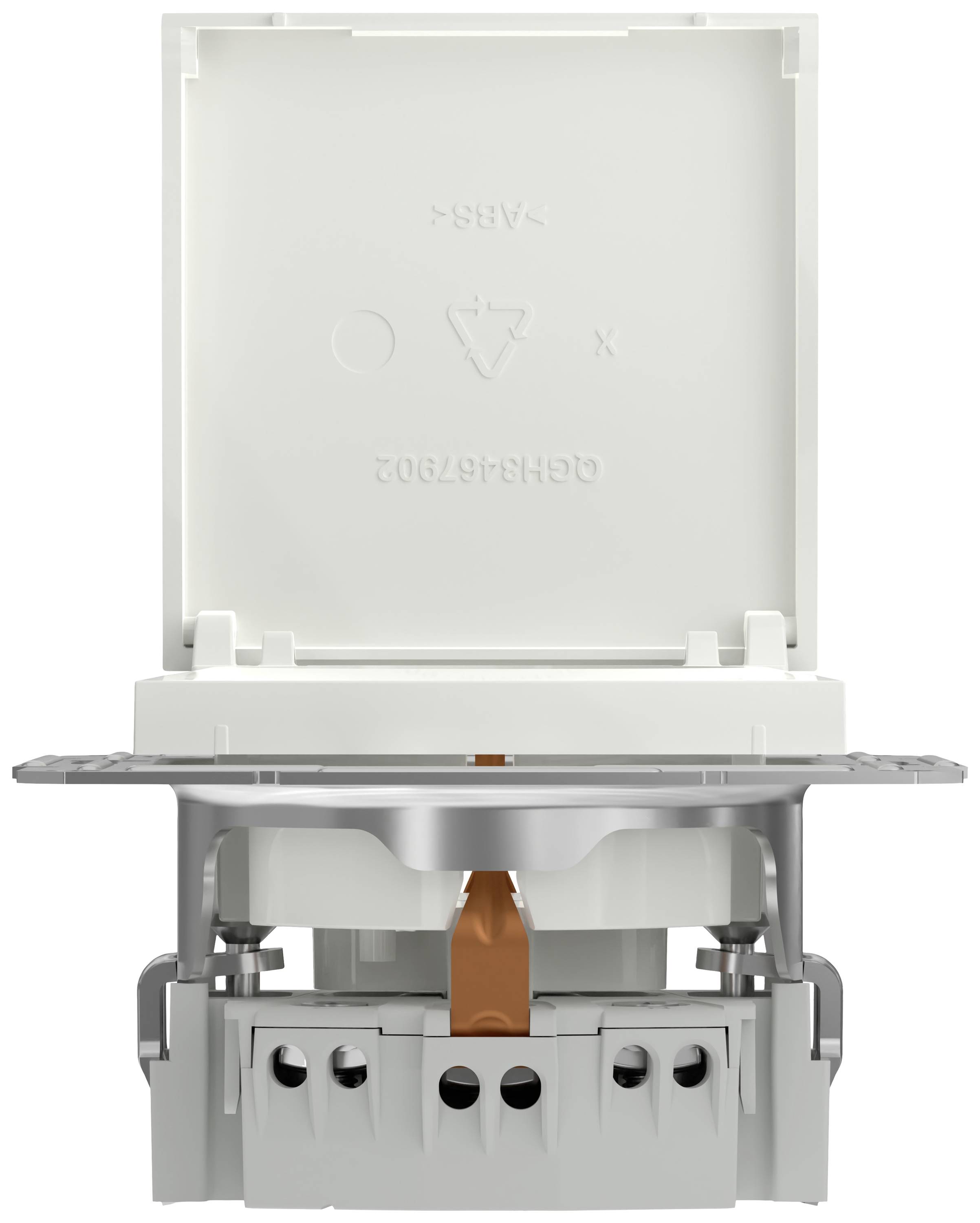 Elektrische Steckdose in Weiß, geöffnet, zeigt Innenmechanismus mit Kabelanschlüssen.