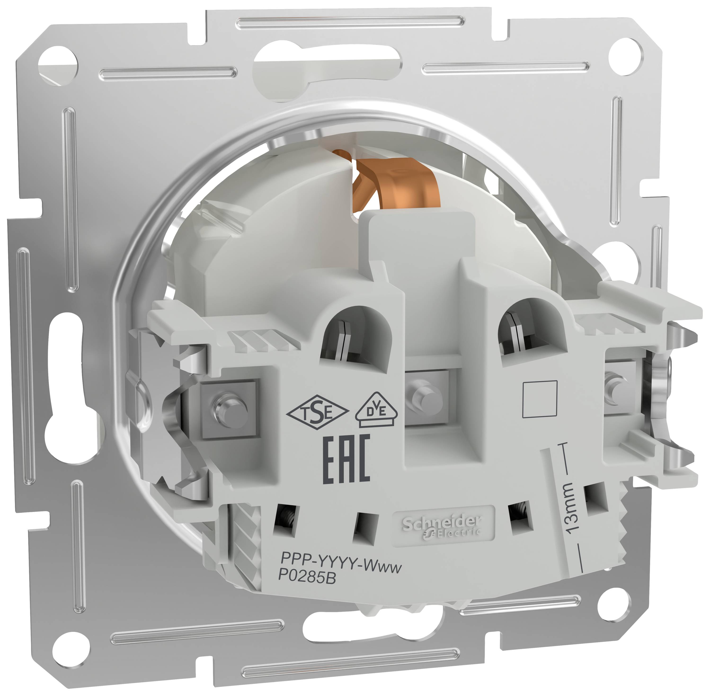 Lichtschalter-Rückseite mit silbernem Metallrahmen und weißen Kunststoffkomponenten, mehrere Anschlüsse sichtbar.