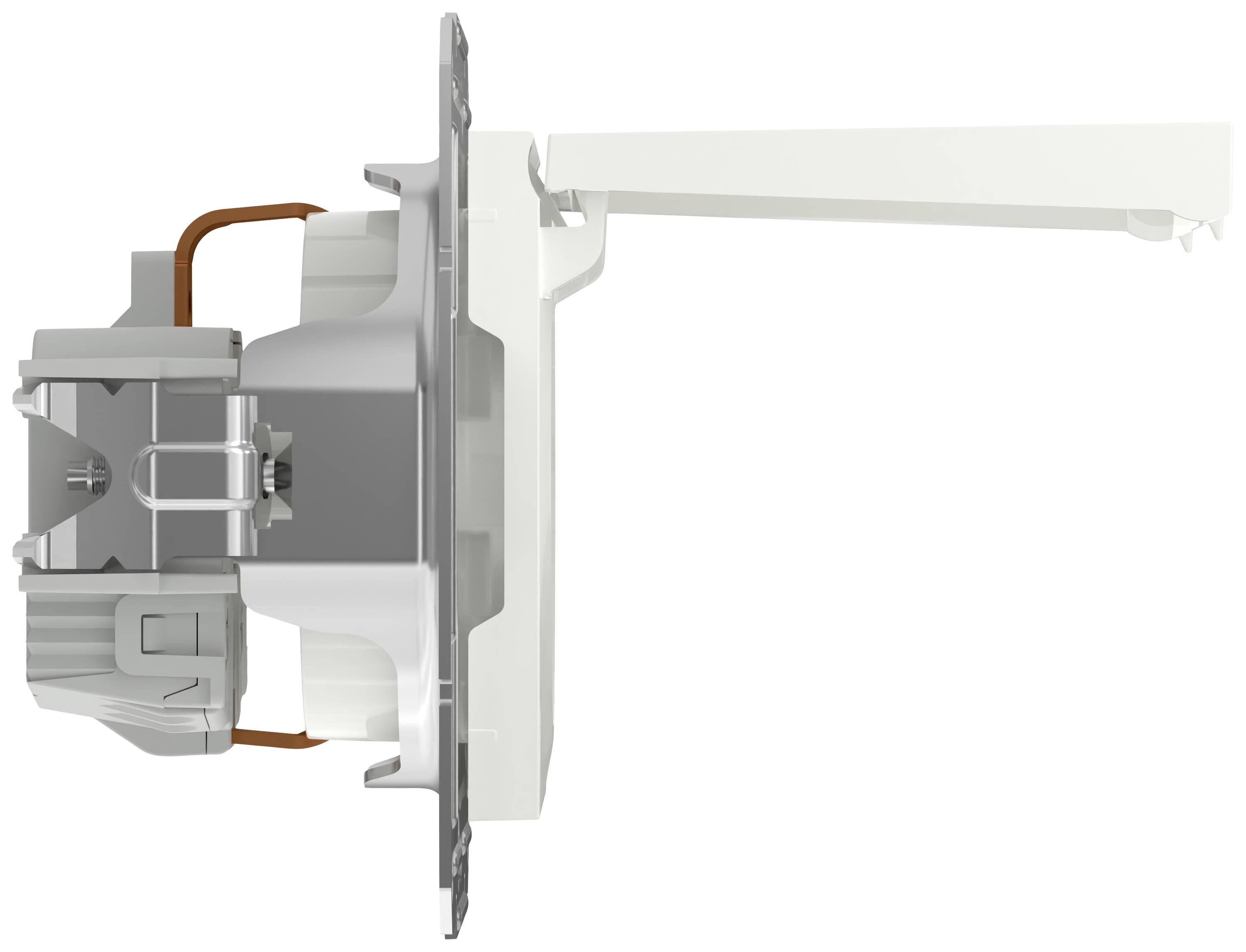 Seitenansicht eines komplexen mechanischen Bauteils mit metallischen und plastischen Elementen, möglicherweise eine Halterung oder Befestigungseinheit.