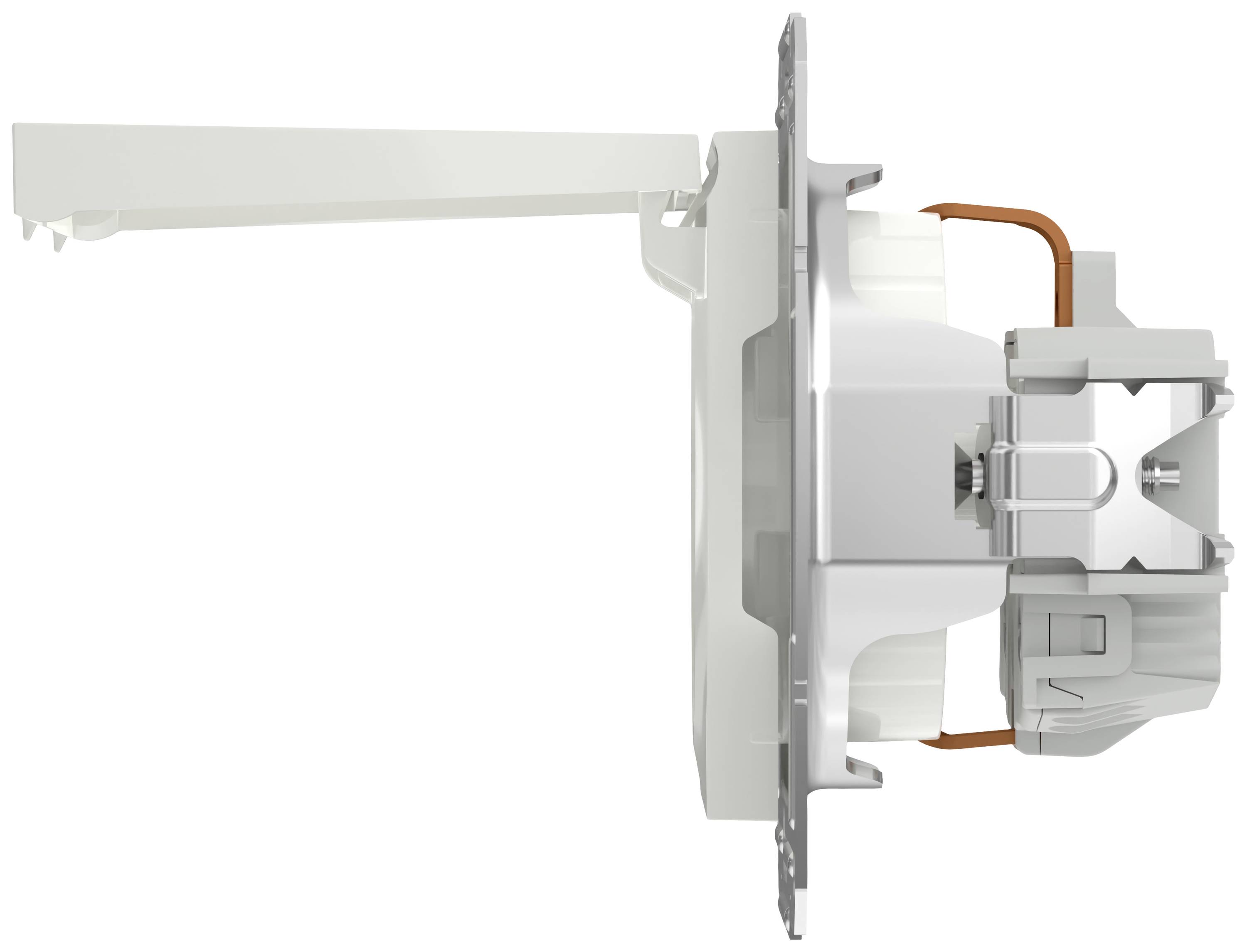 Seitenansicht eines technischen Geräts mit weißen und orangen Komponenten. Zeigt Kabelanschlüsse und Metallhalterungen.