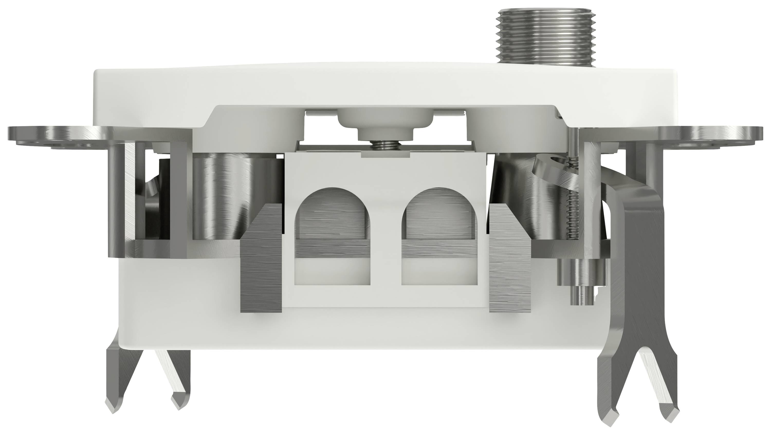 Industrielles Bauteil mit zylinderförmigem, geripptem Anschluss oben und metallischen Streben seitlich. Hauptsächlich aus Metall.