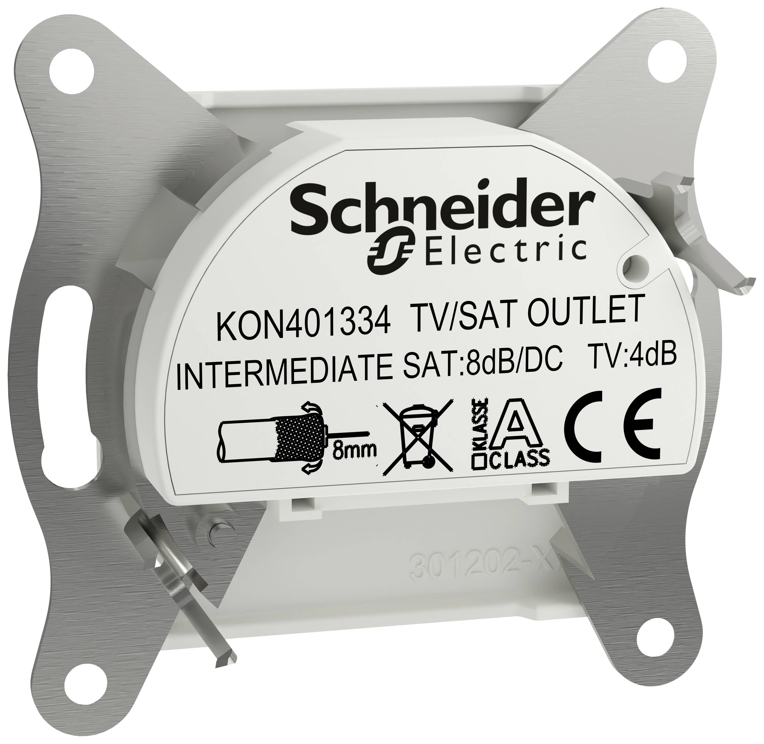 TV-SAT-Anschlussdose von Schneider Electric, Modell KON401334. Aufdruck zeigt technische Spezifikationen und Zertifizierungen.