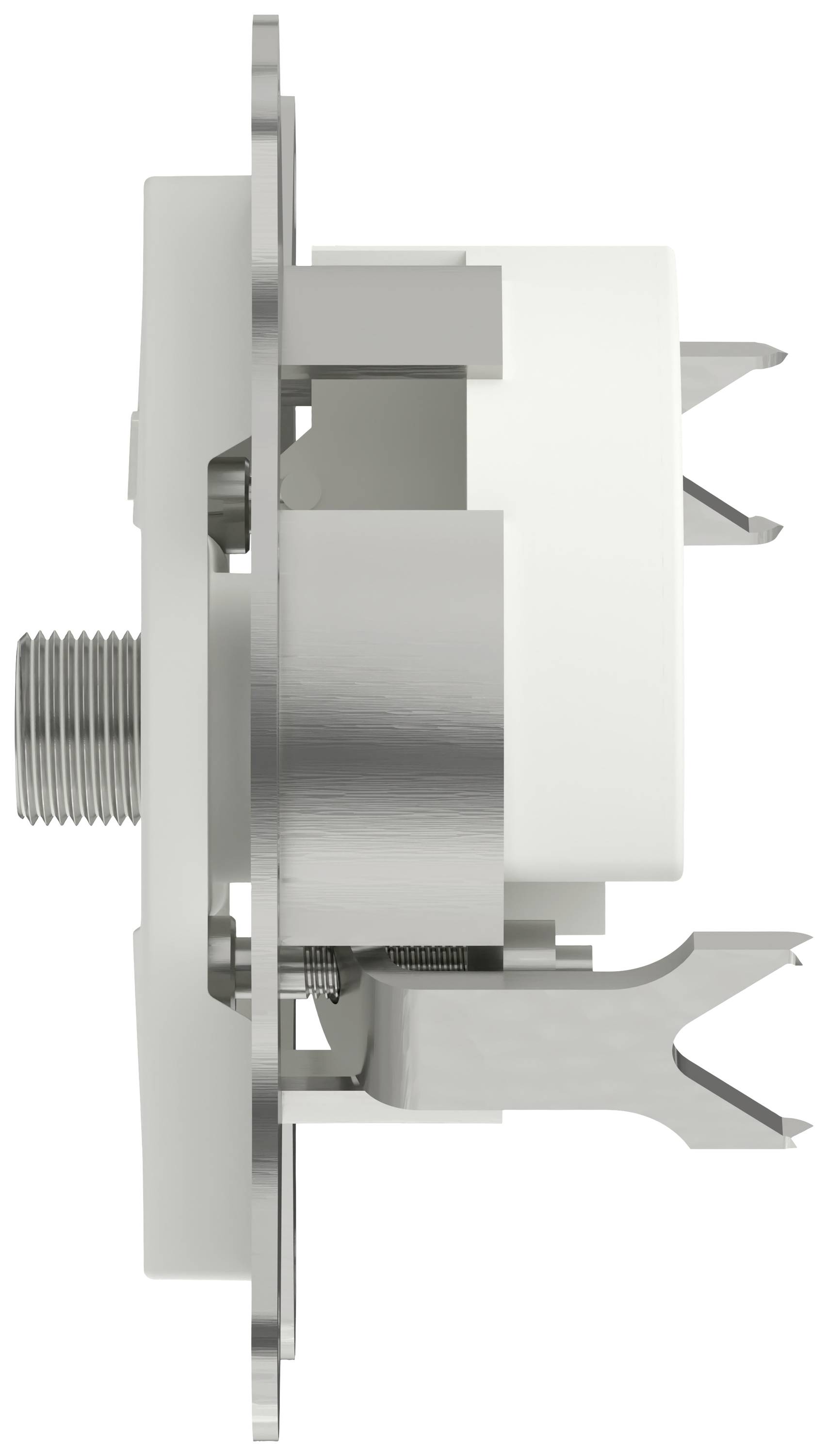 Seitenansicht eines Einbau-LED-Strahlers mit silberner Metallfassung und weißem Gehäuse, geeignet für Deckenmontage.