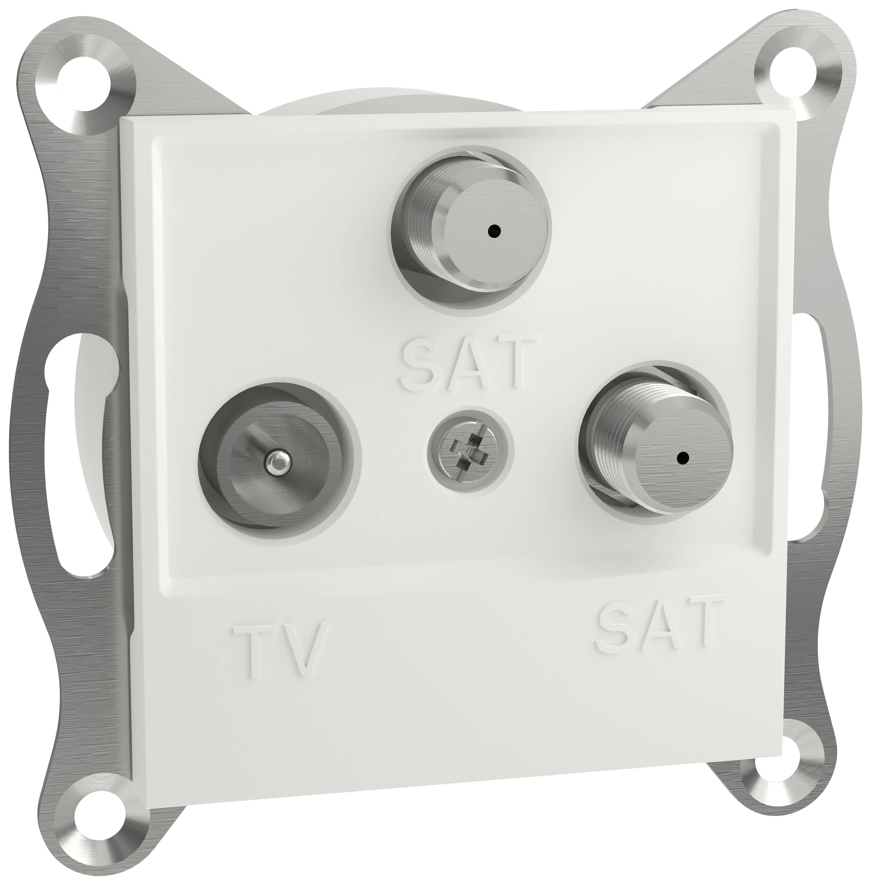 'TV' und 'SAT' Anschlussdose mit zwei Satelliten- und einem TV-Anschluss. Rechteckig, weiß, mit metallischer Halterung.