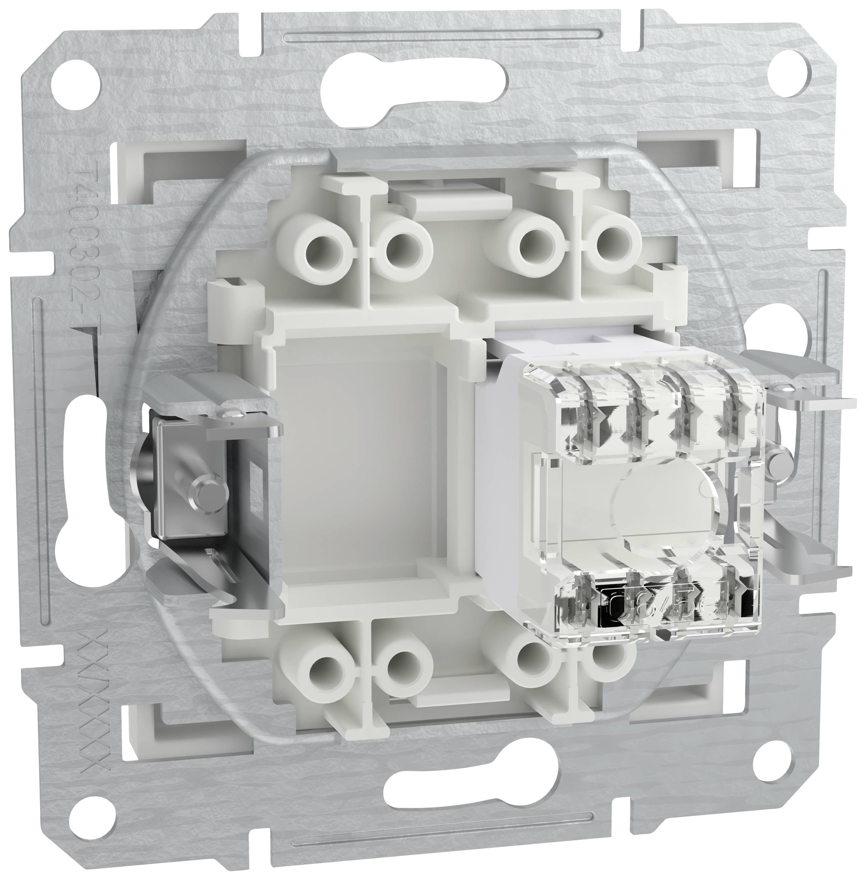 Ein Unterputz-Schalterelement in Silber und Weiß mit Schraubanschlüssen für die Integration in elektrische Installationen.