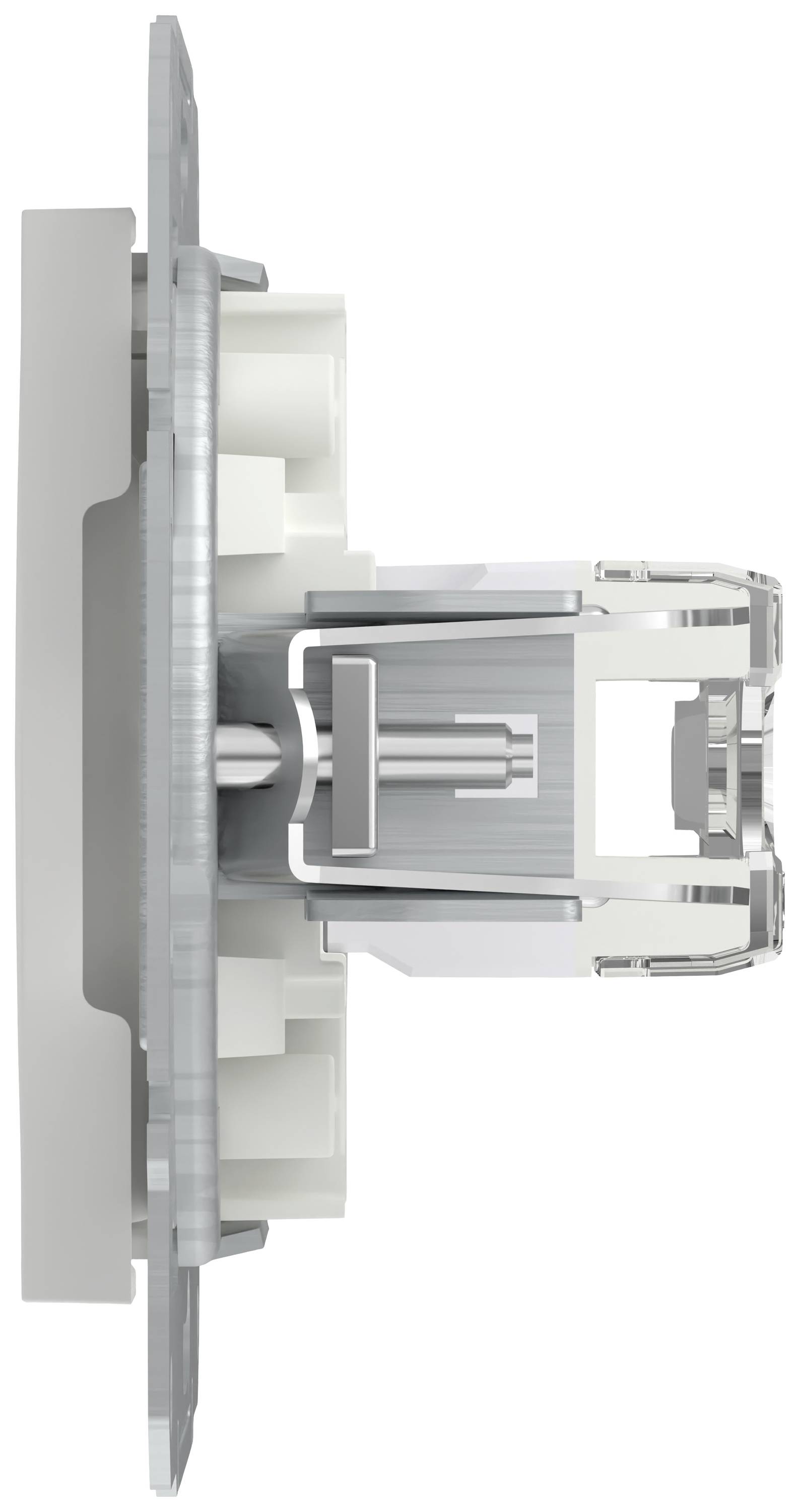 Seitenansicht eines Steckdosenmechanismus, zeigt die Befestigungs- und Anschlusskomponenten in detaillierter Darstellung.