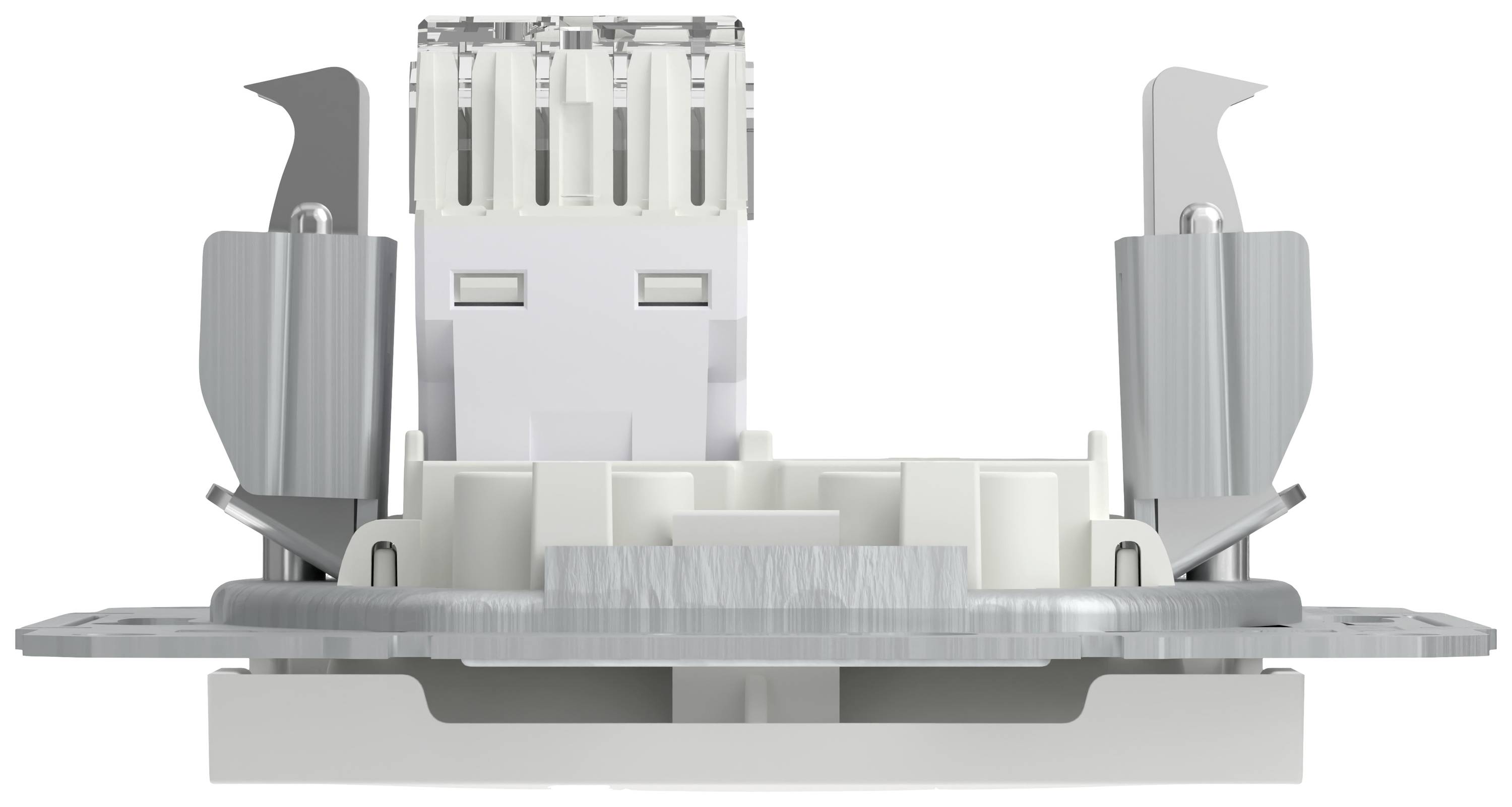Ein elektrischer Steckdosenrahmen mit metallischen Halterungen und Steckplätzen für Kabelverbindungen, in neutralem Hintergrund dargestellt.