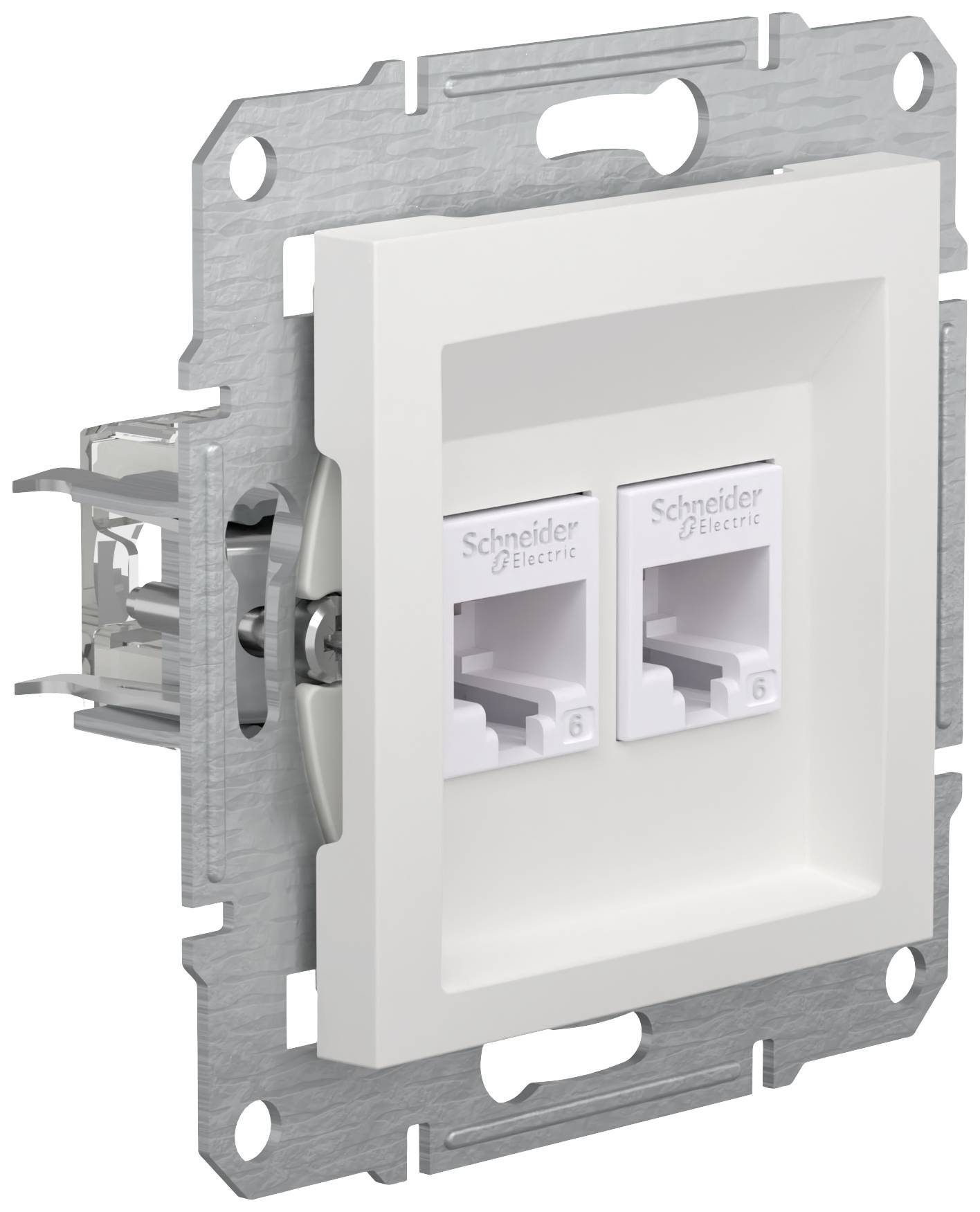 Eine weiße Doppel-Netzwerkdose von Schneider Electric, montiert auf einem Metallrahmen zur Installation in der Wand.