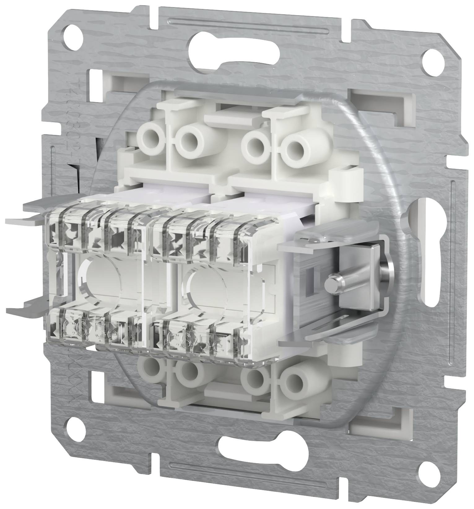 Metallener Unterputz-Steckdoseneinsatz mit Klemmen, geeignet für die Elektroinstallation. Strukturierte Oberfläche und Anschlussmöglichkeiten sichtbar.