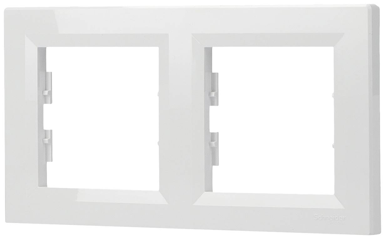Weiße Doppelsteckdosenabdeckung von Schneider Electric für zwei Steckdosen oder Schalter; schlichtes, modernes Design.