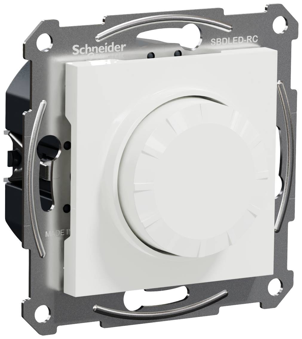 Ein weißer Drehdimmer von Schneider ist auf einer Metallhalterung montiert. Der Dimmer wird verwendet, um die Helligkeit von Beleuchtungssystemen anzupassen.