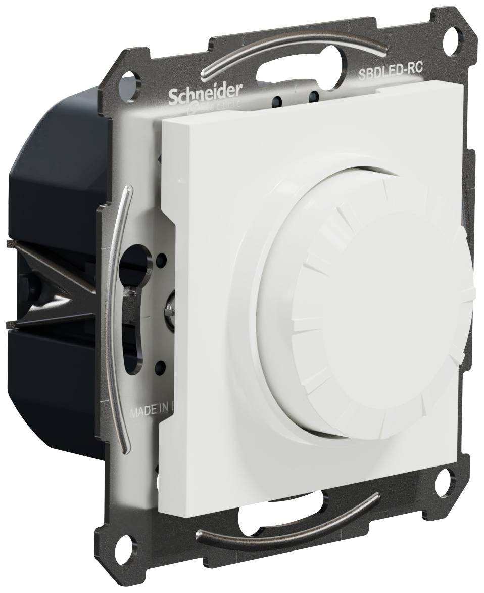 Elektrischer Drehdimmer von Schneider, weißes Gehäuse, Frontansicht. Modell 'SBLED-RC', geeignet für Lichtregelung.