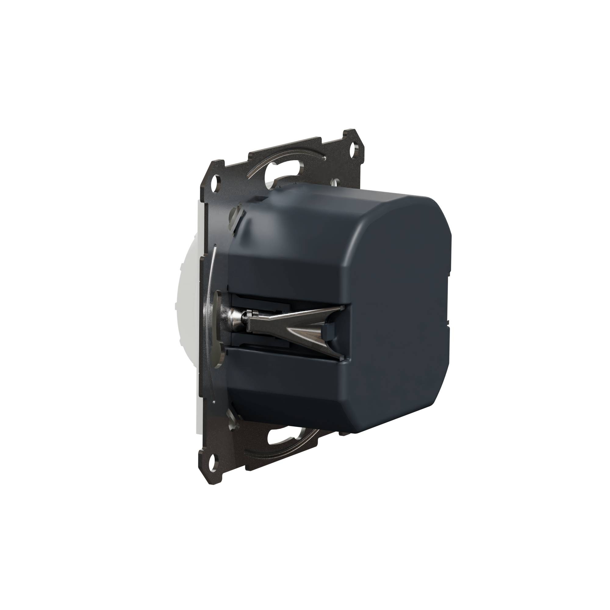 Ein elektrischer UP-Jalousieschalter in Metallhalterung, montierfertig, zeigt die Rückseite mit seitlichen Befestigungsklammern.