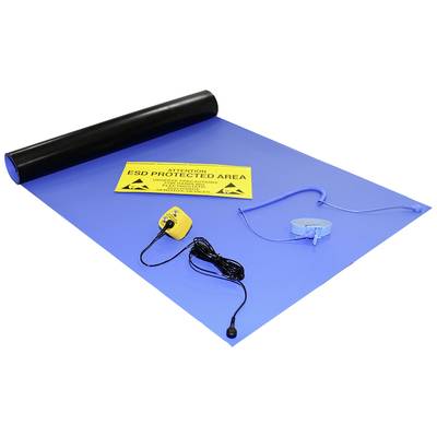 Antistatische Matte mit Kabel und Erdungszubehör, gelbes 'ESD Protected Area'-Schild. Verhindert elektrostatische Entladung.