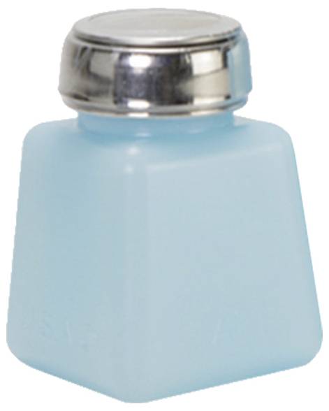 Hellblaue Glasflasche für Parfüm mit silbernem Metallverschluss.