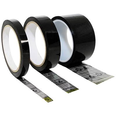 Drei schwarze Klebebandrollen, zwei unbenutzt und eine mit herausgezogener Klebefolie mit Symbolen und Gitter.