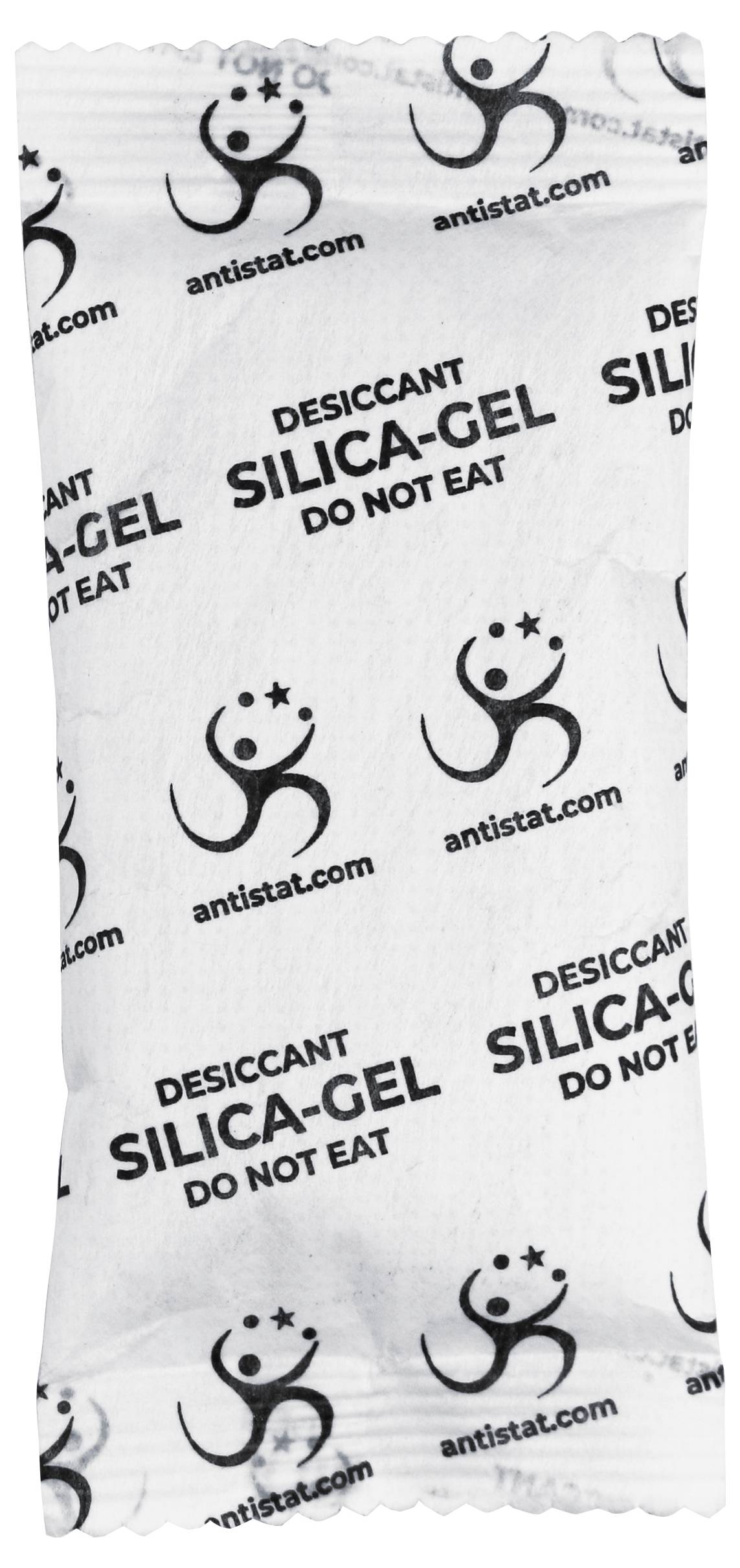 Nahaufnahme eines Silicagel-Trockenmittelbeutels mit Druck "DESICCANT SILICA-GEL DO NOT EAT" und antistat.com-Logos.