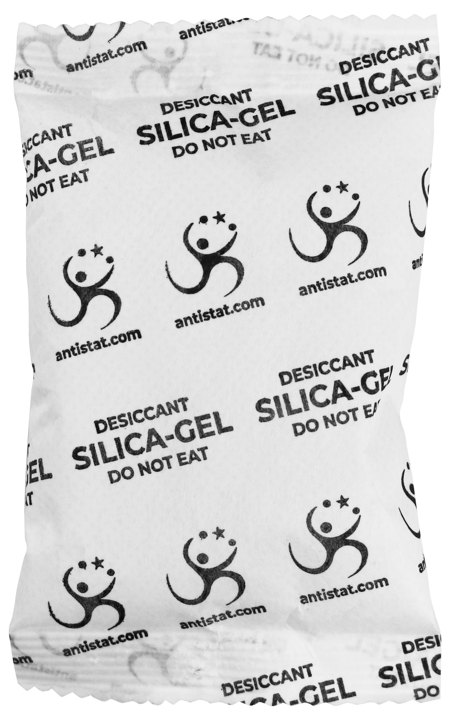 Nahaufnahme eines weißen Kieselgel-Trocknungsmittelpäckchens mit dem Aufdruck „DESICCANT SILICA-GEL DO NOT EAT" und antistat.com-Logos.