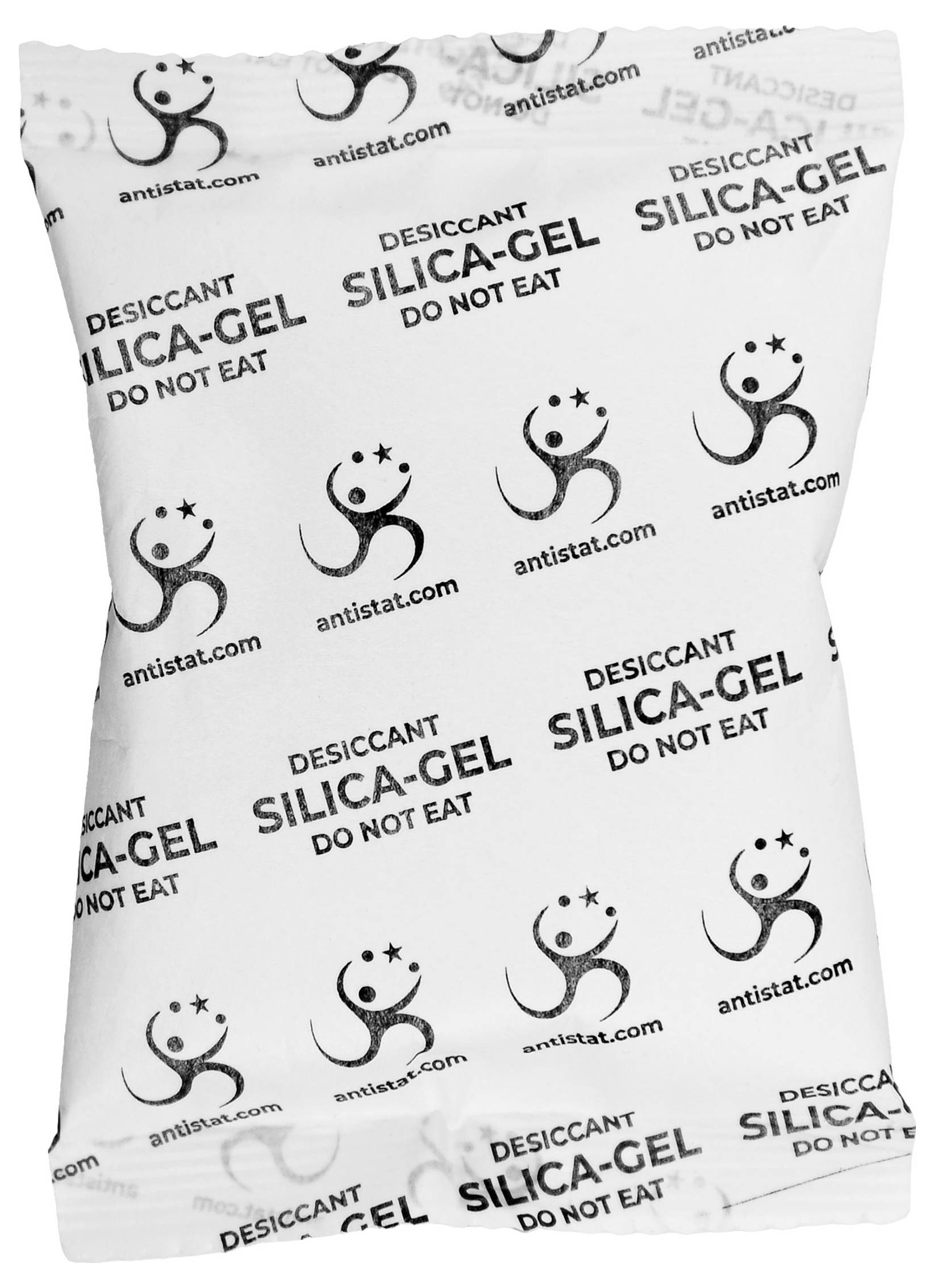 Weißes Silicagel-Trockenmittelbeutel bedruckt mit „SILICA-GEL DO NOT EAT" und antistat.com-Logos.