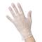 Eine Hand in einem transparenten Einweghandschuh zeigt nach oben vor einem neutralen Hintergrund. Ideal für Hygienezwecke.