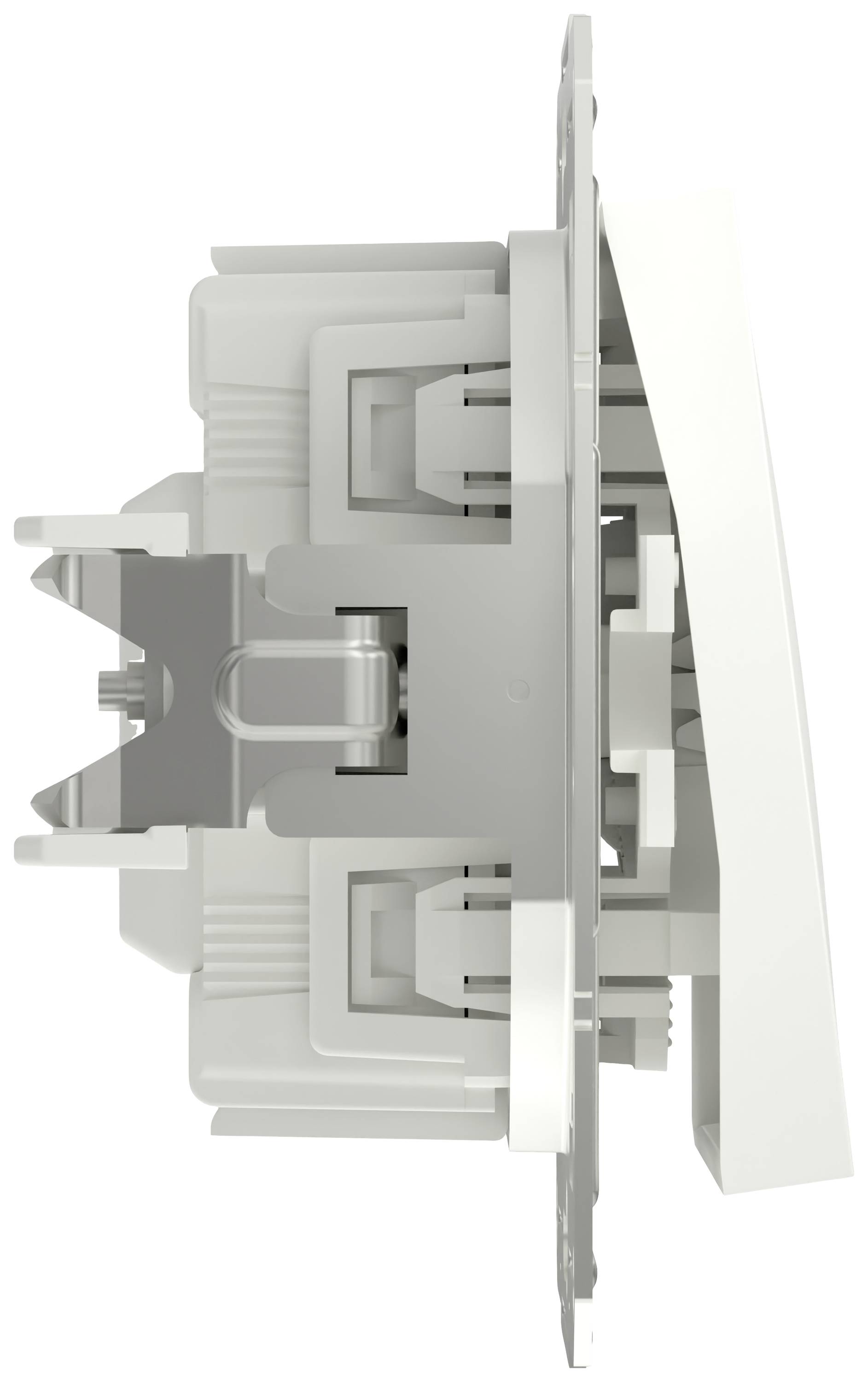 Seitenansicht eines weißen Lichtschalters mit stilisiertem, modernen Design. Der Schalter ist leicht nach vorne gekippt.