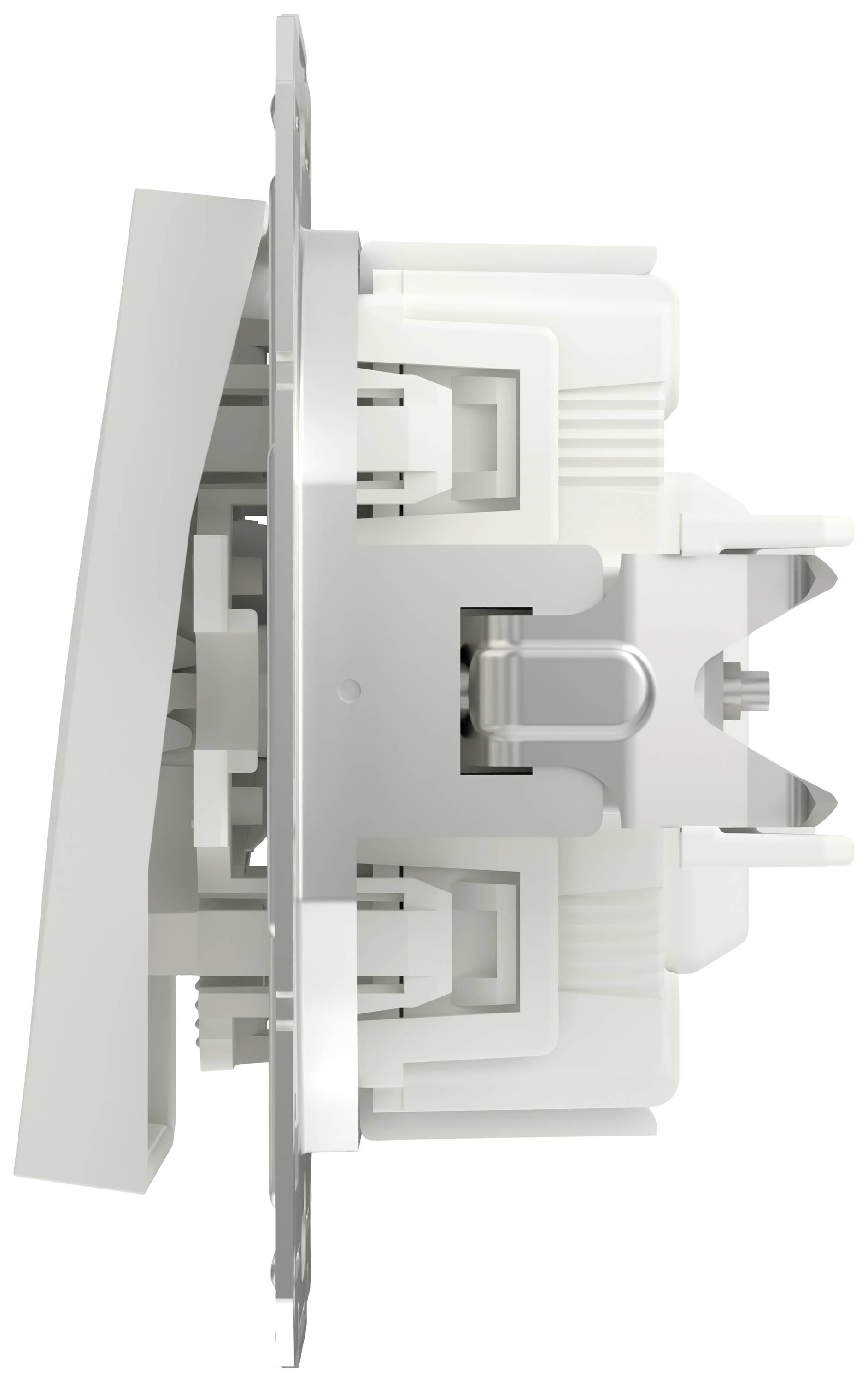 Seitliche Ansicht eines eingebauten Lichtschalters. Der Mechanismus und die Befestigungselemente sind sichtbar.