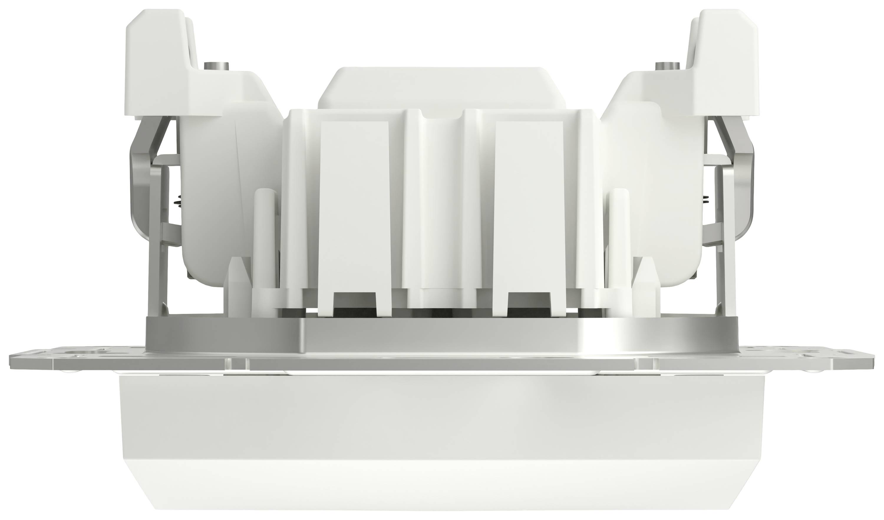 Frontansicht eines mechanischen Bauteils mit weißen und metallischen Elementen; technische Details nicht spezifiziert.
