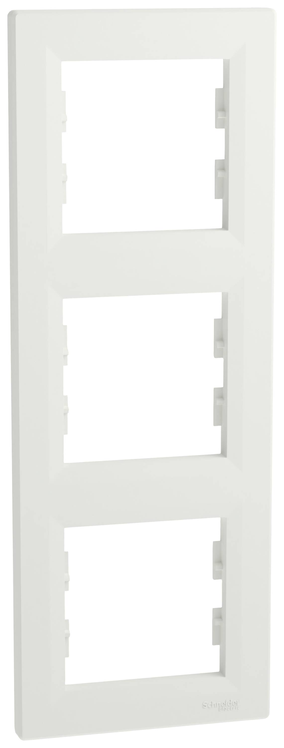 Weiße, dreifache, rechteckige Steckdosenblende aus Kunststoff, geeignet zur Installation von drei Steckdosen oder Schaltern.
