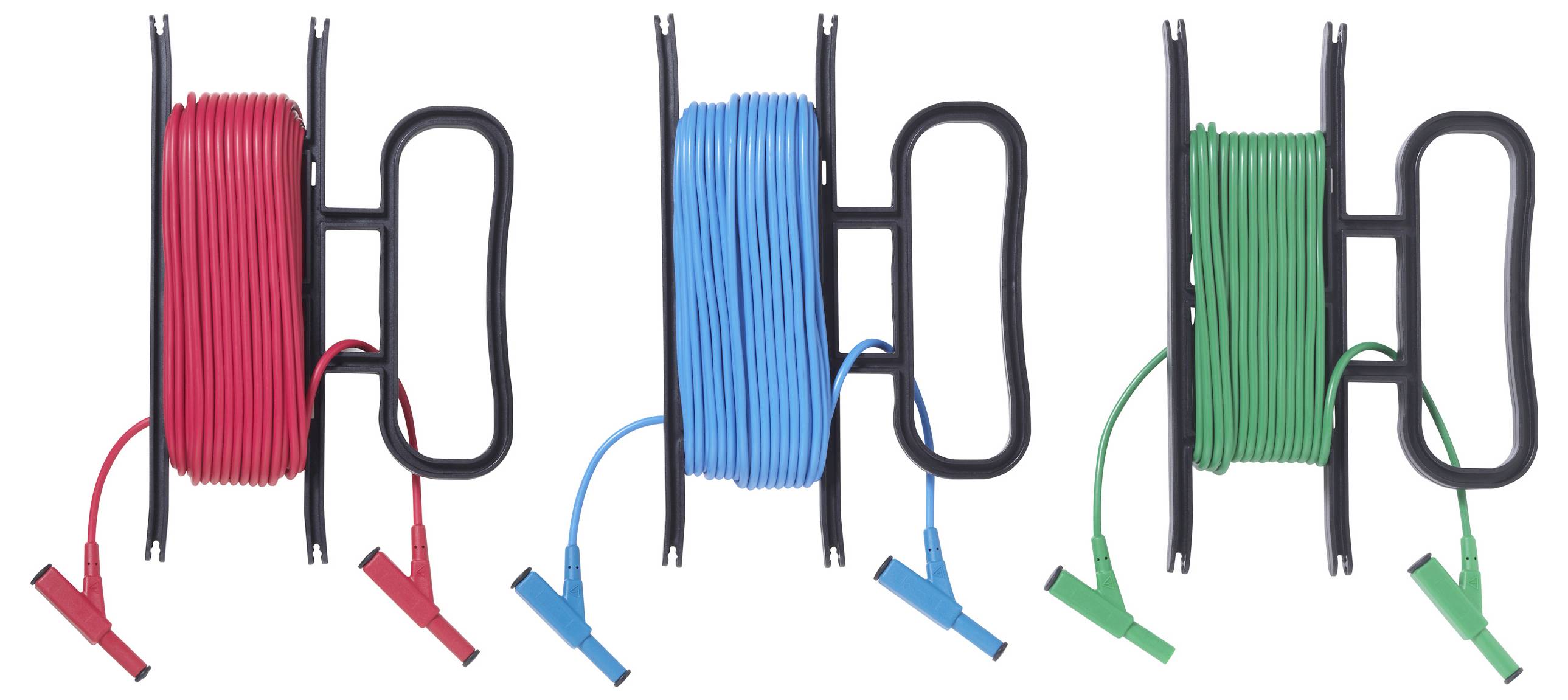 Drei Kabelrollen mit Krokodilklemmen in Rot, Blau und Grün zeigen farbcodierte Verbindungskabel für verschiedene elektrische Zwecke.