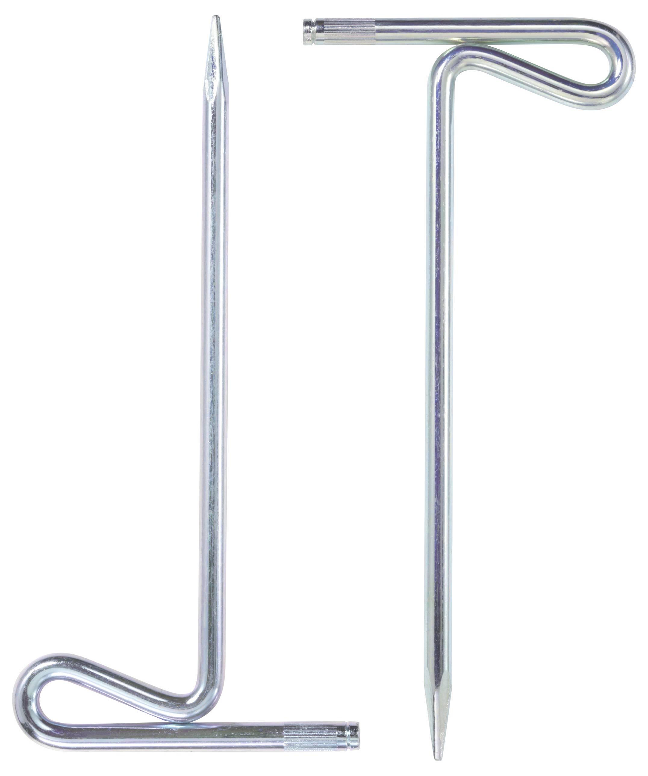 Zwei metallene Zeltheringe. Der linke ist in einem diagonalen Winkel nach rechts oben geneigt, der rechte zeigt senkrecht nach oben.