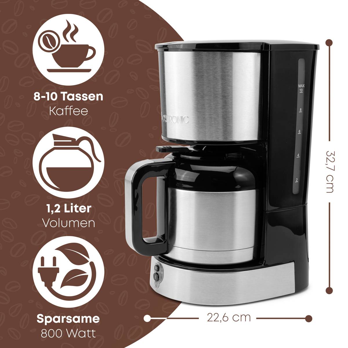 Eine Kaffeemaschine mit Edelstahlkanne. Sie fasst 8-10 Tassen, hat ein Volumen von 1,2 Litern und eine Leistung von 800 Watt. Maße: 32,7 x 22,6 cm.
