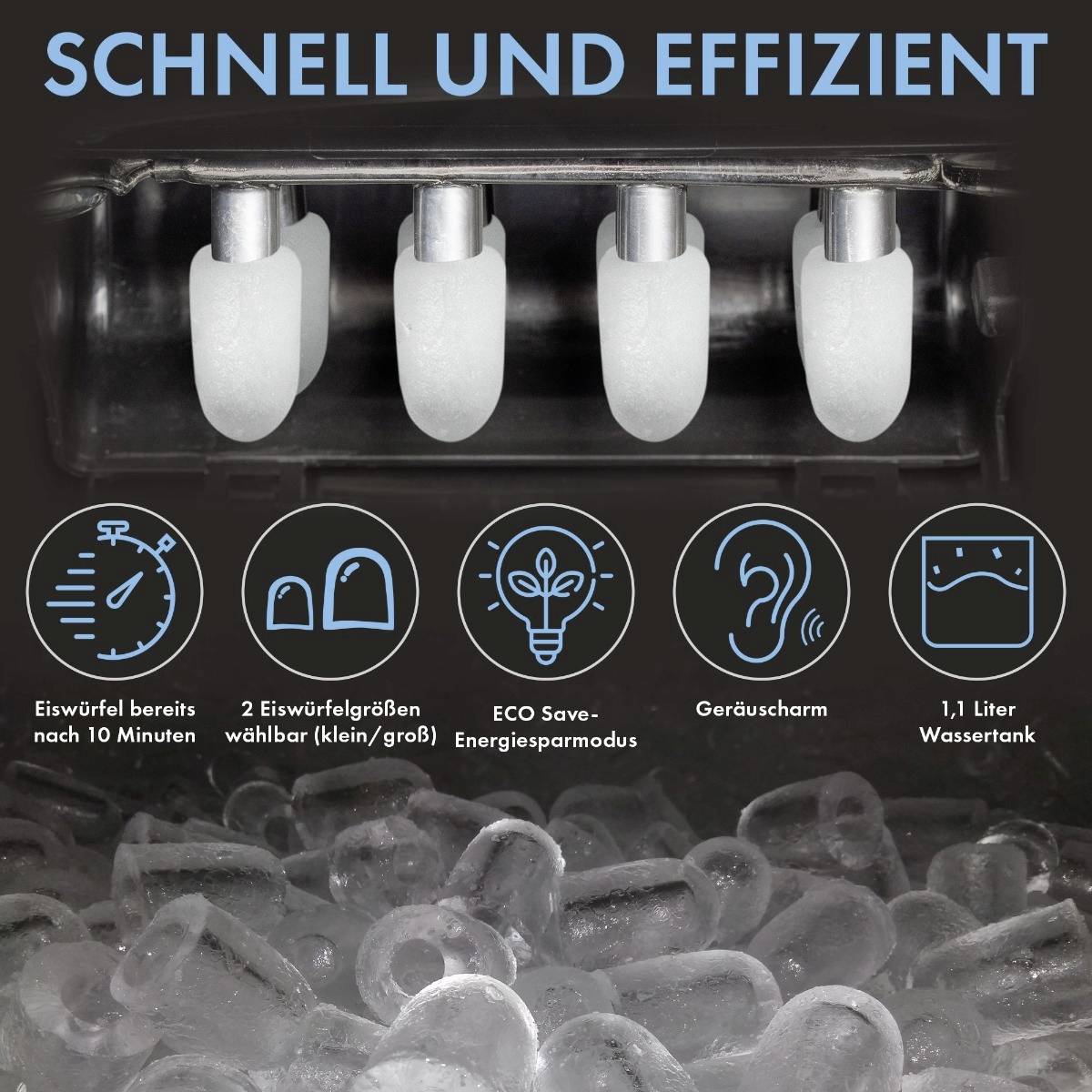 Eismaschine mit 4 weißen Würfelformen oben. Unten: Eiswürfel, Symbole und Text beschreiben Funktionen wie schnelle Bereitstellung und Energieeinsparung.