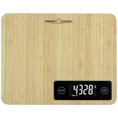 Eine digitale Küchenwaage mit einer Holzoptik zeigt das Gewicht '4328 g' auf einem schwarzen Display an.