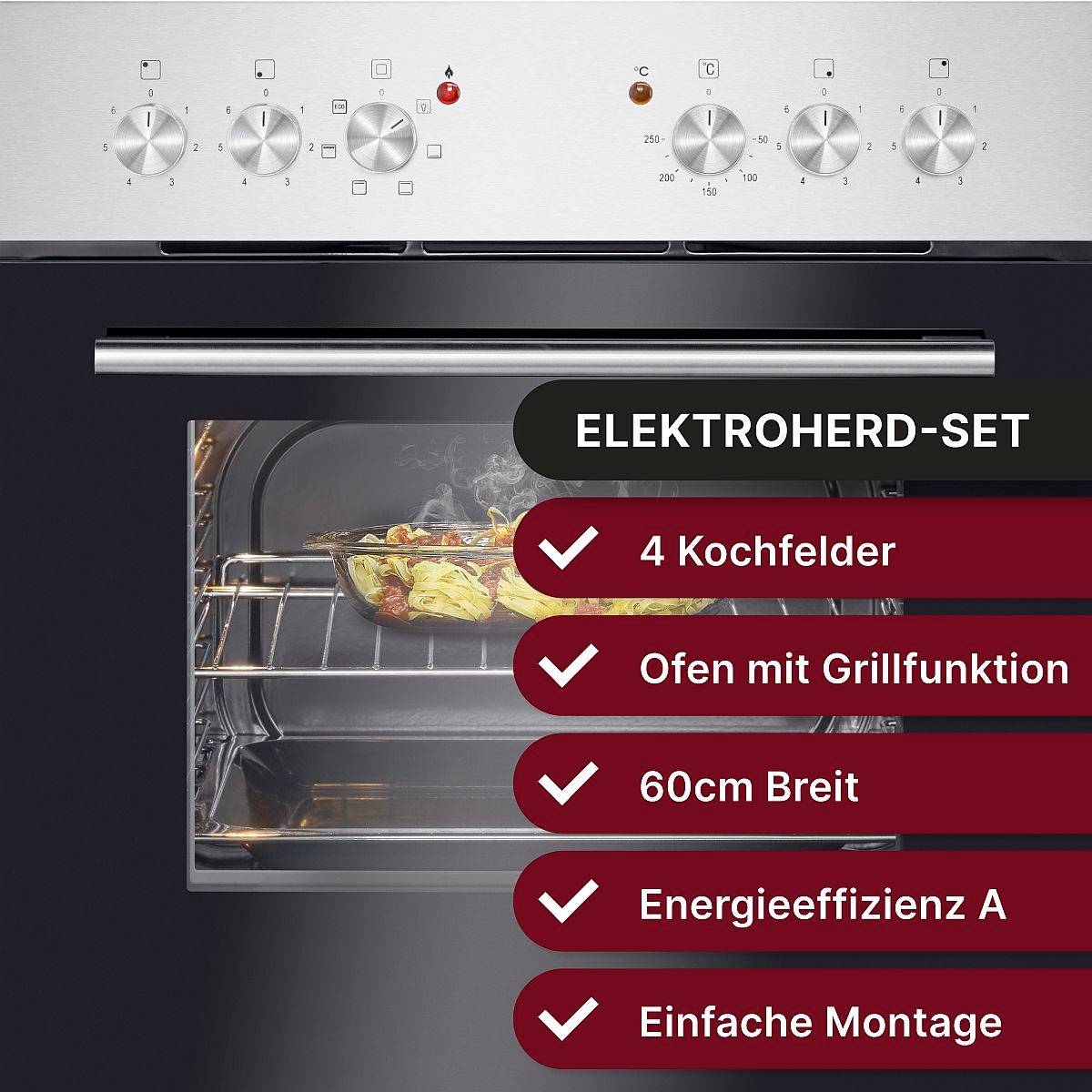 Elektroherd mit Grillfunktion im Küchenstil. Merkmale: 4 Kochfelder, 60 cm Breite, Energieeffizienz A, einfache Montage.